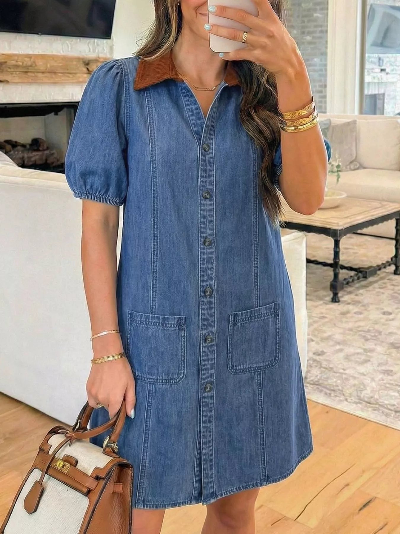 Button-Down Short Sleeve Denim Dress