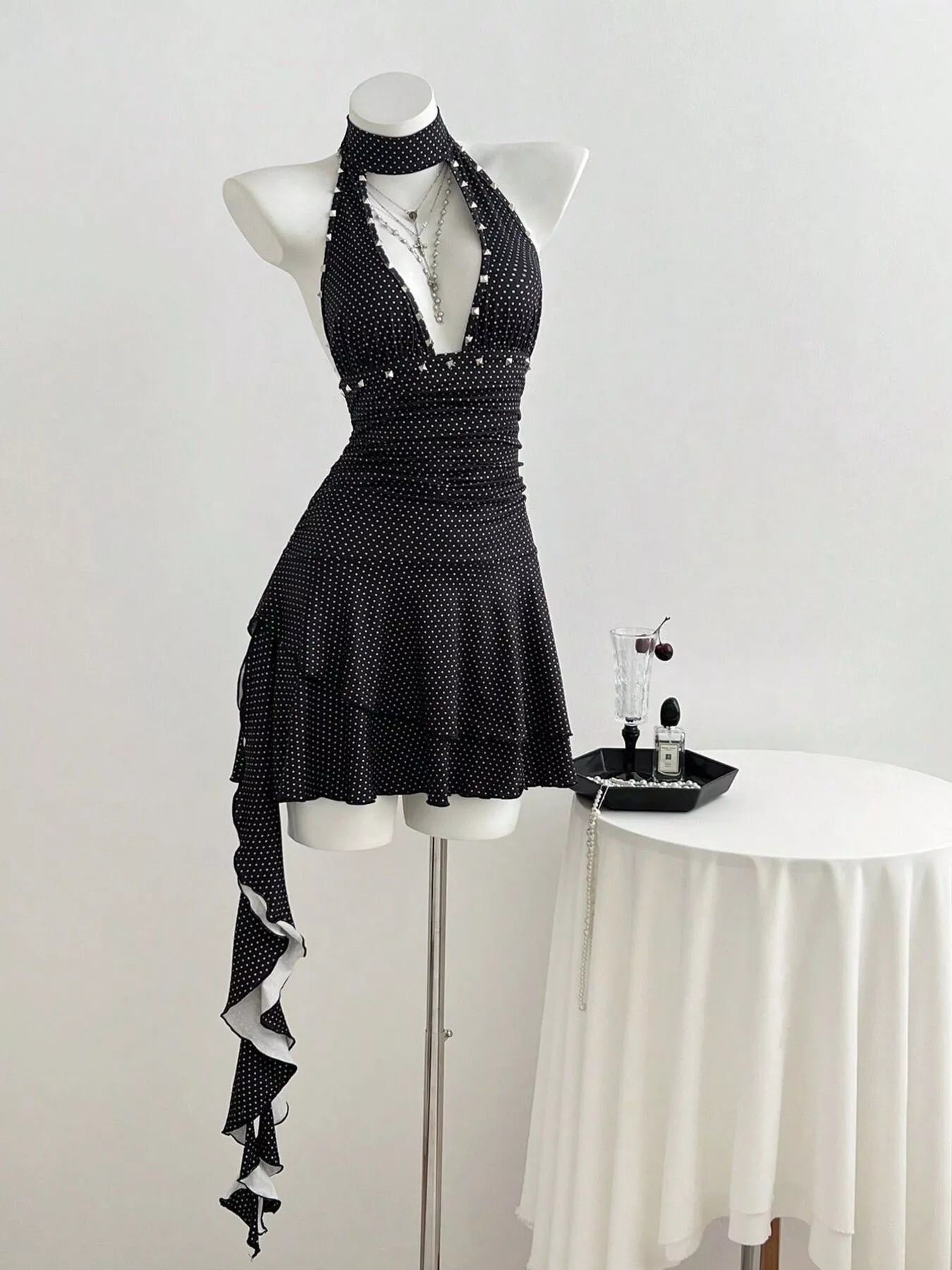 Polka Dot Cutout Front Halter Neck Dress