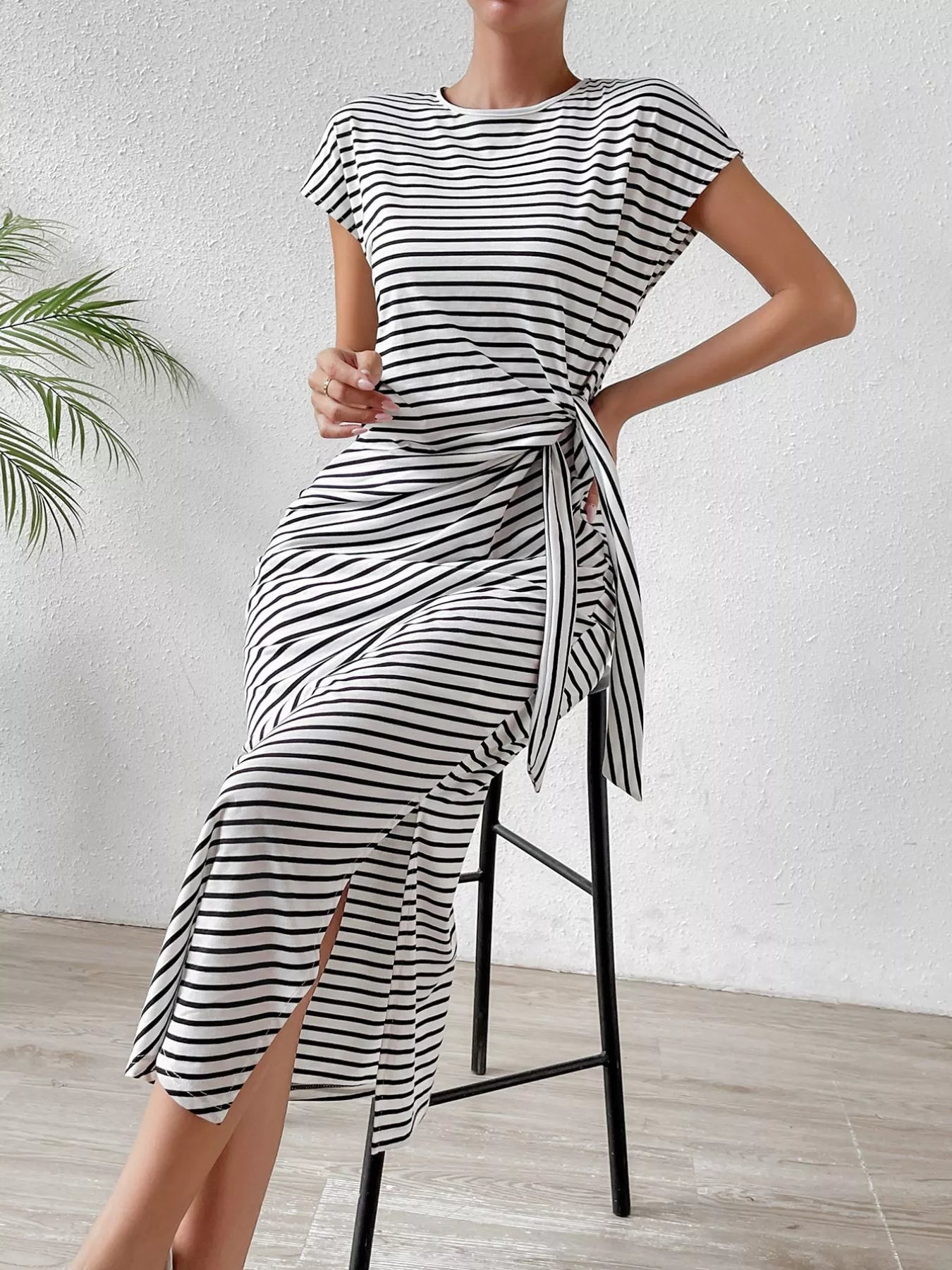 Striped Tie Side Casual Midi Dress