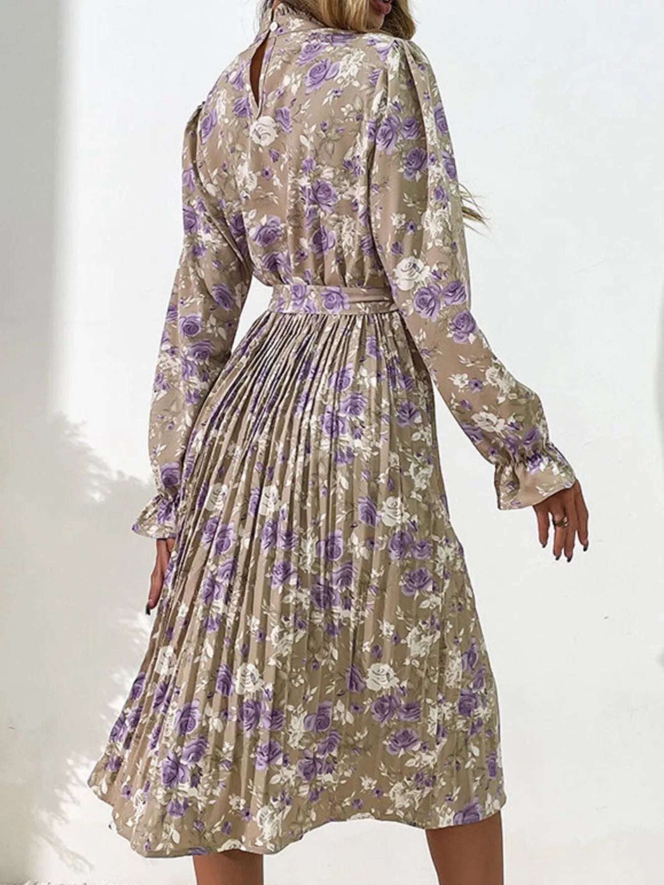Floral Print Long Sleeve Pleated Midi Dress