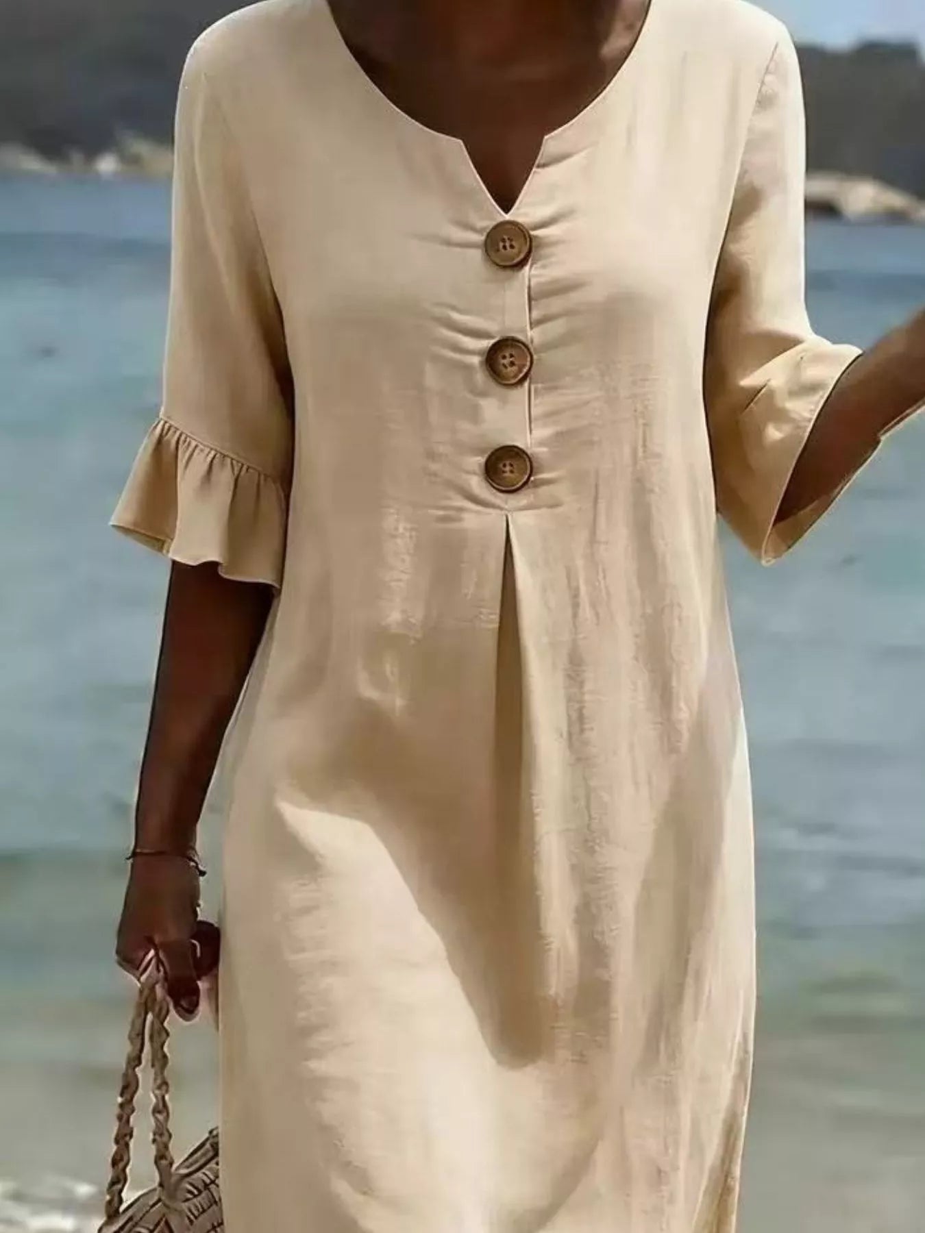 Full Size Button Decor Ruffle Sleeve Midi Dress Plus Size