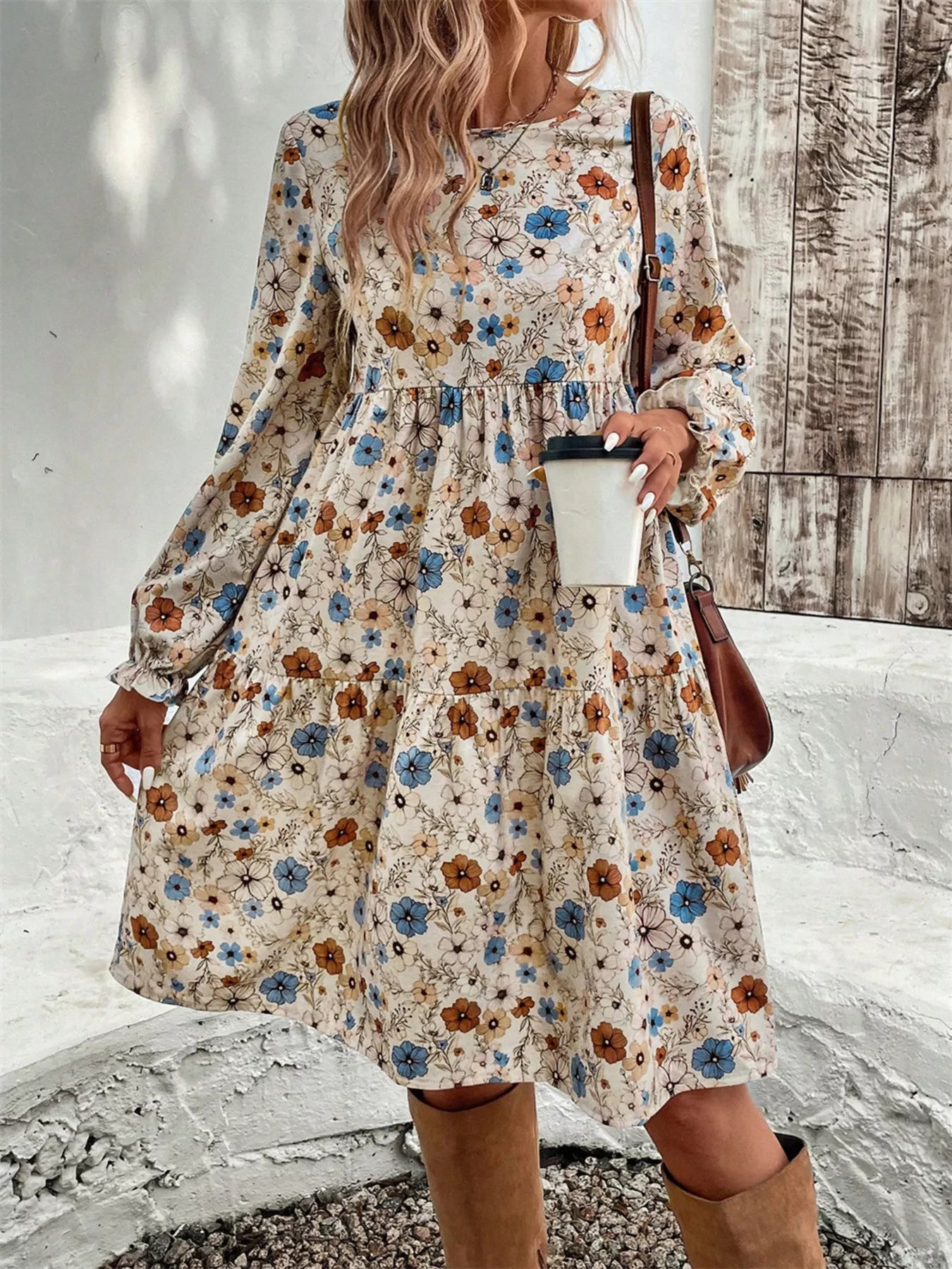 Floral Print Ruffle Hem Long Sleeve Casual Dress