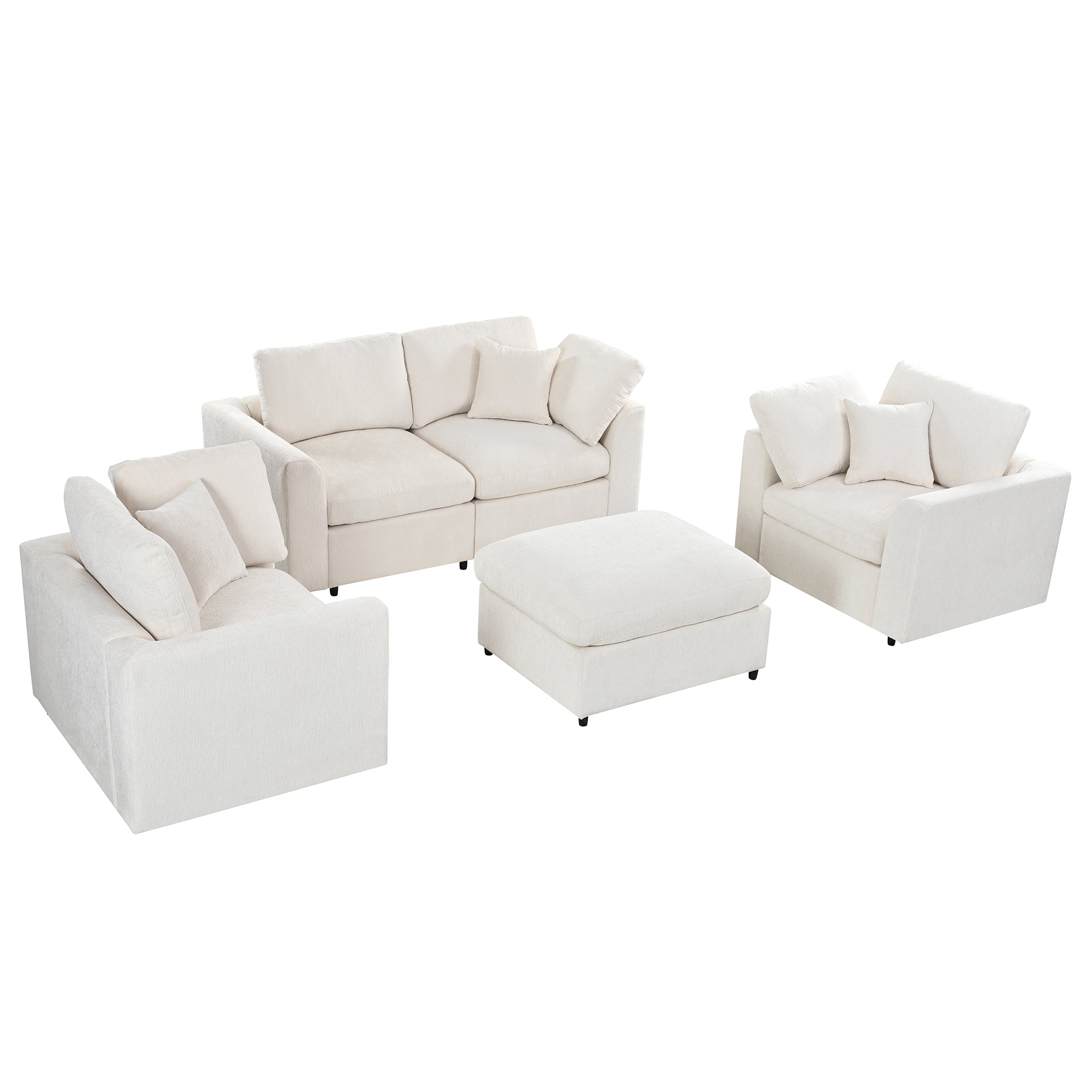 U-Style 4-Piece Sofa Set, 2 Accent Chairs + Loveseat + Movable Ottoman