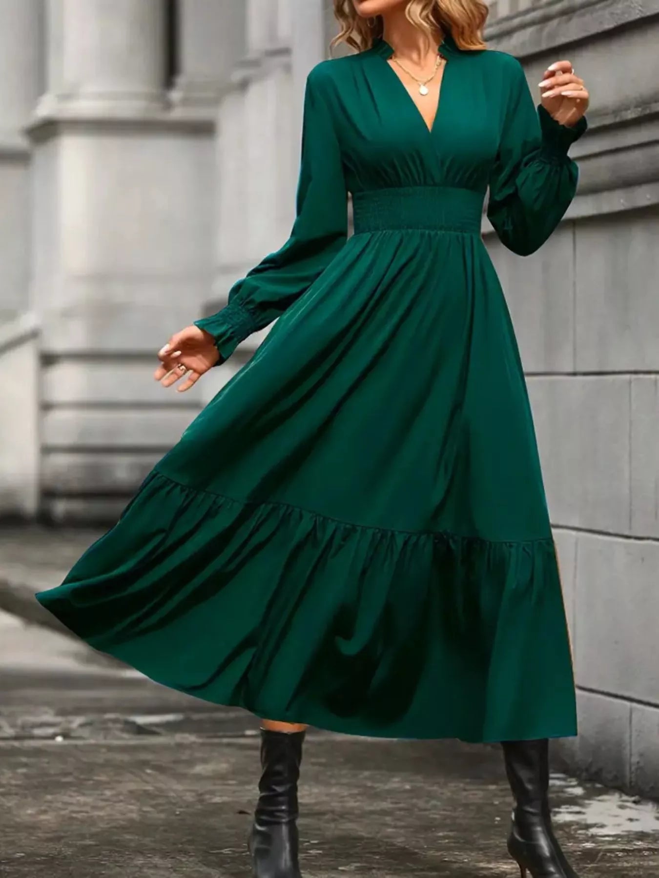 Surplice Long Sleeve Tiered Midi Dress