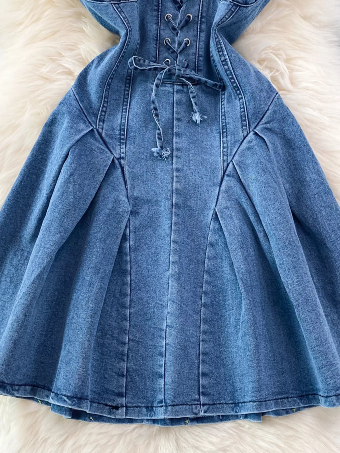 Lace-Up Denim A-Line Mini Dress