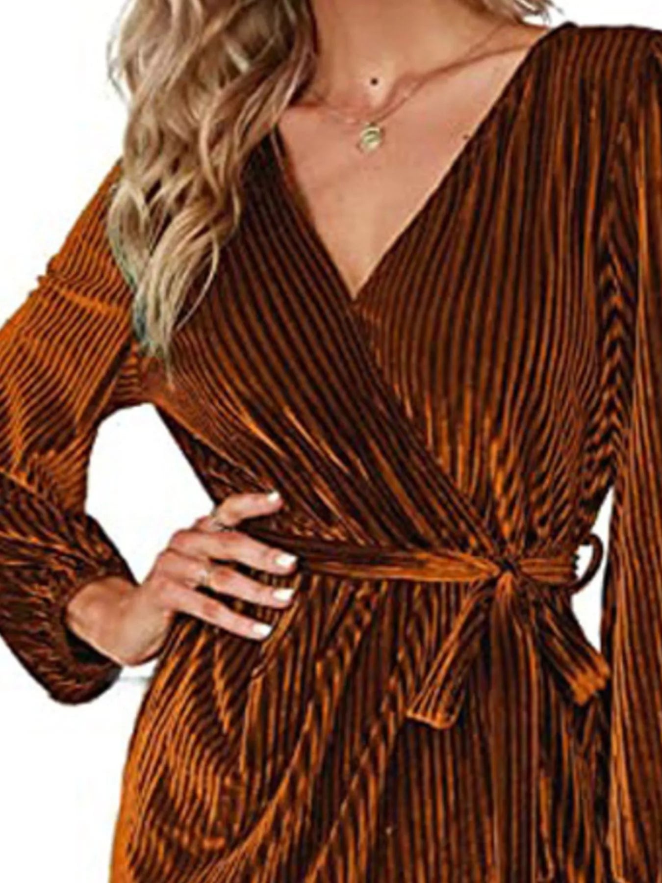 Surplice Long Sleeve Tie Waist Dress