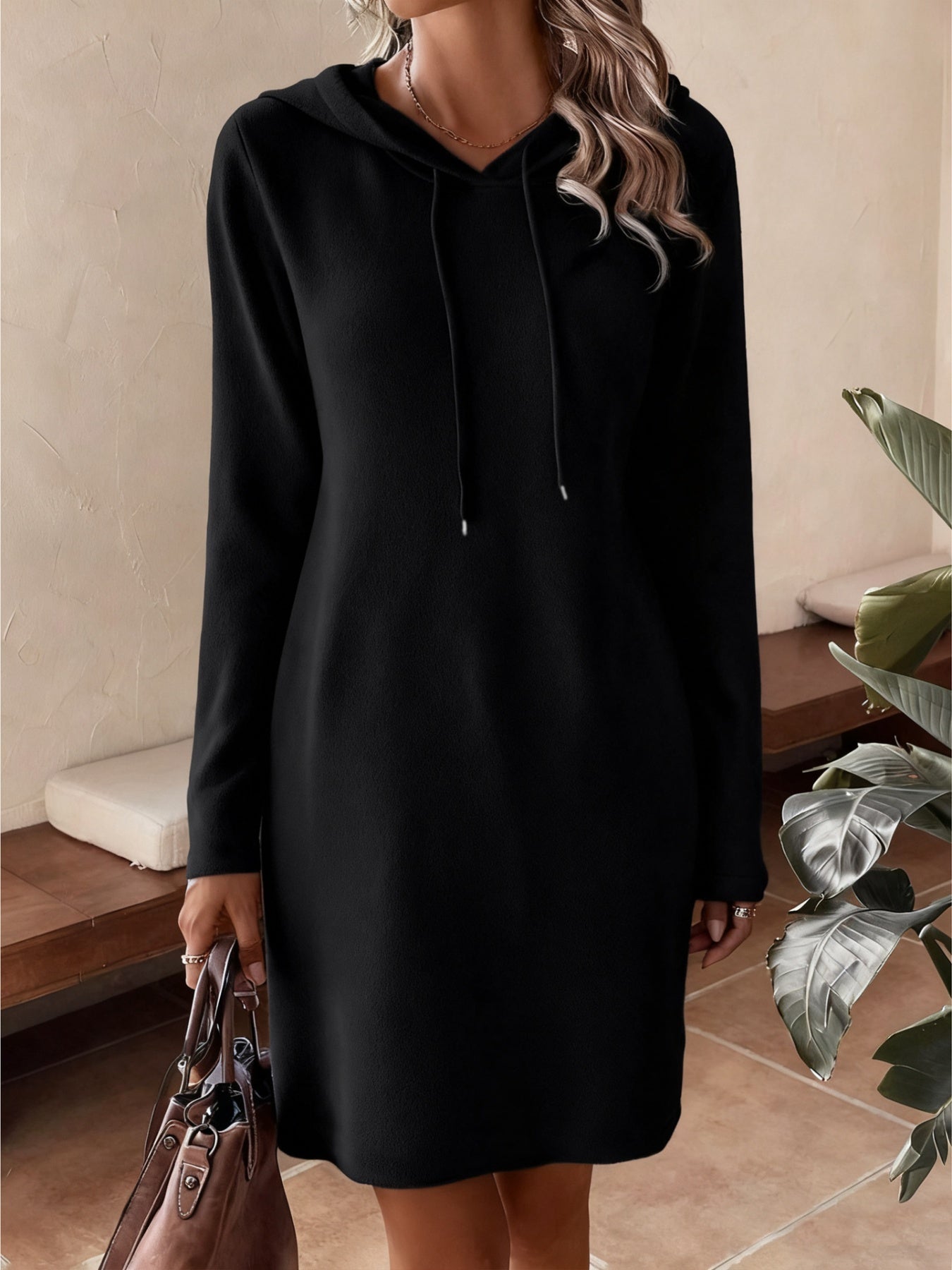 Drawstring Hooded Long Sleeve Mini Dress