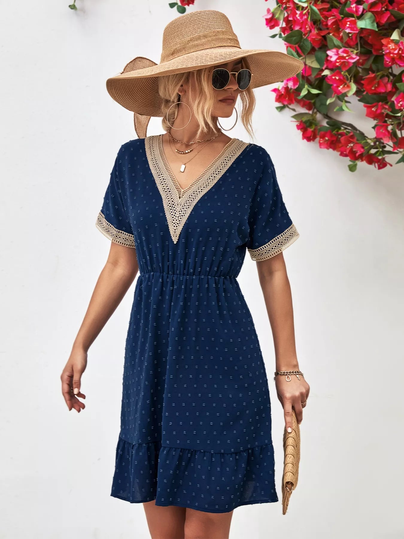 V-Neck Swiss Dot Ruffle Hem Mini Dress