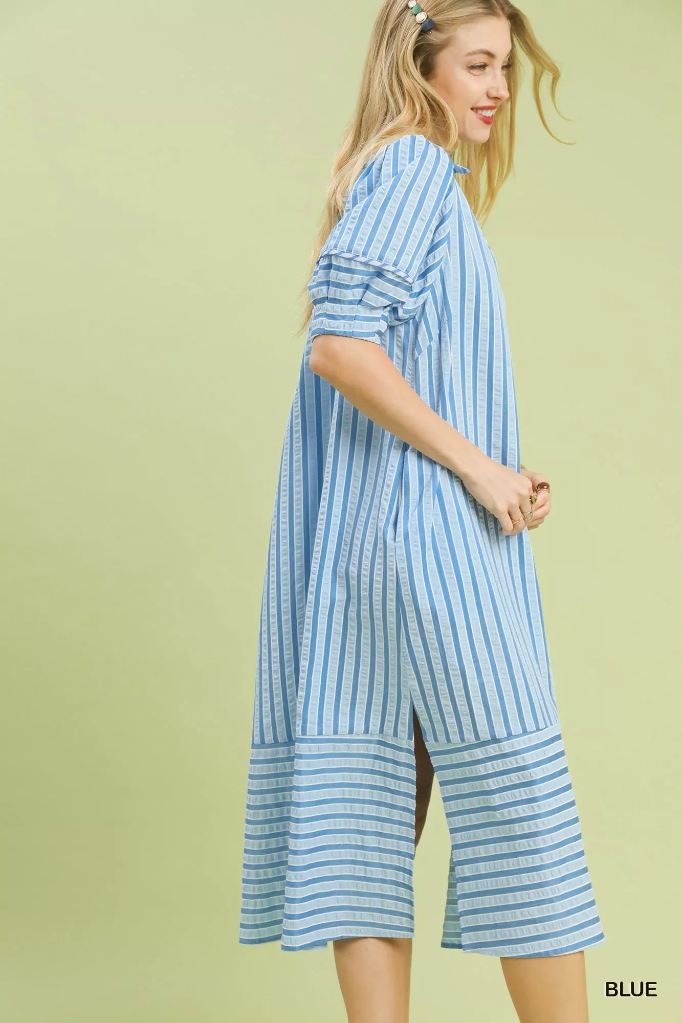 Umgee Striped Puff Sleeve Midi Dress