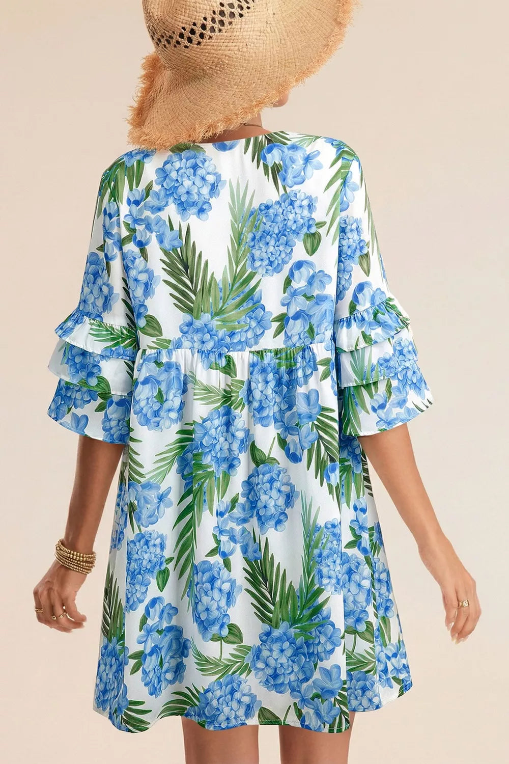Palm Floral Print Contrast Ribbon Knot Ruffle Tiered Sleeve Mini Dress
