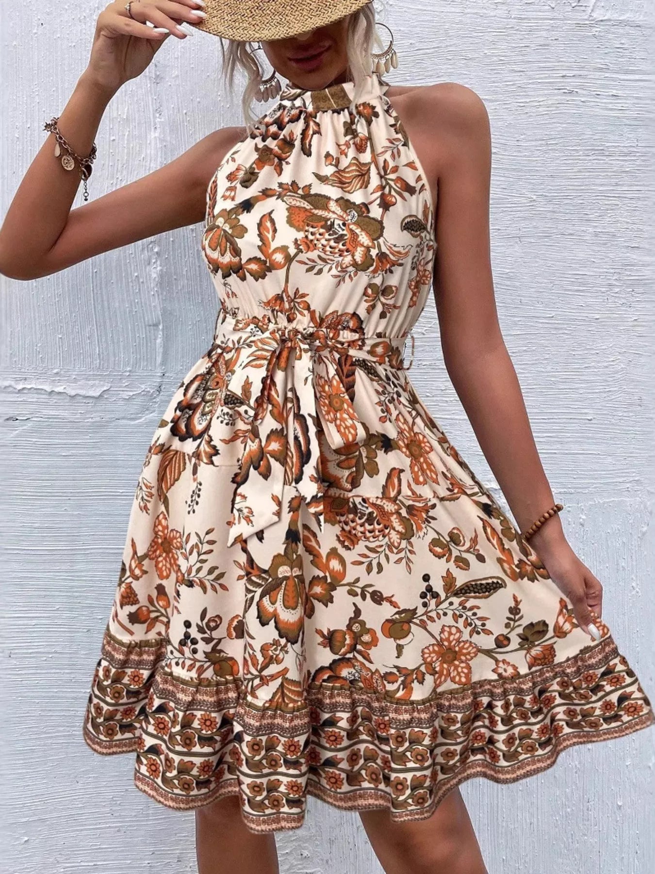 Printed Sleeveless Tie Waist Dress