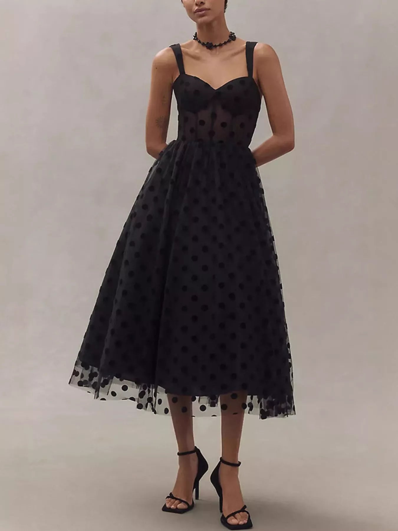 Polka Dot Tulle Sleeveless Midi Dress