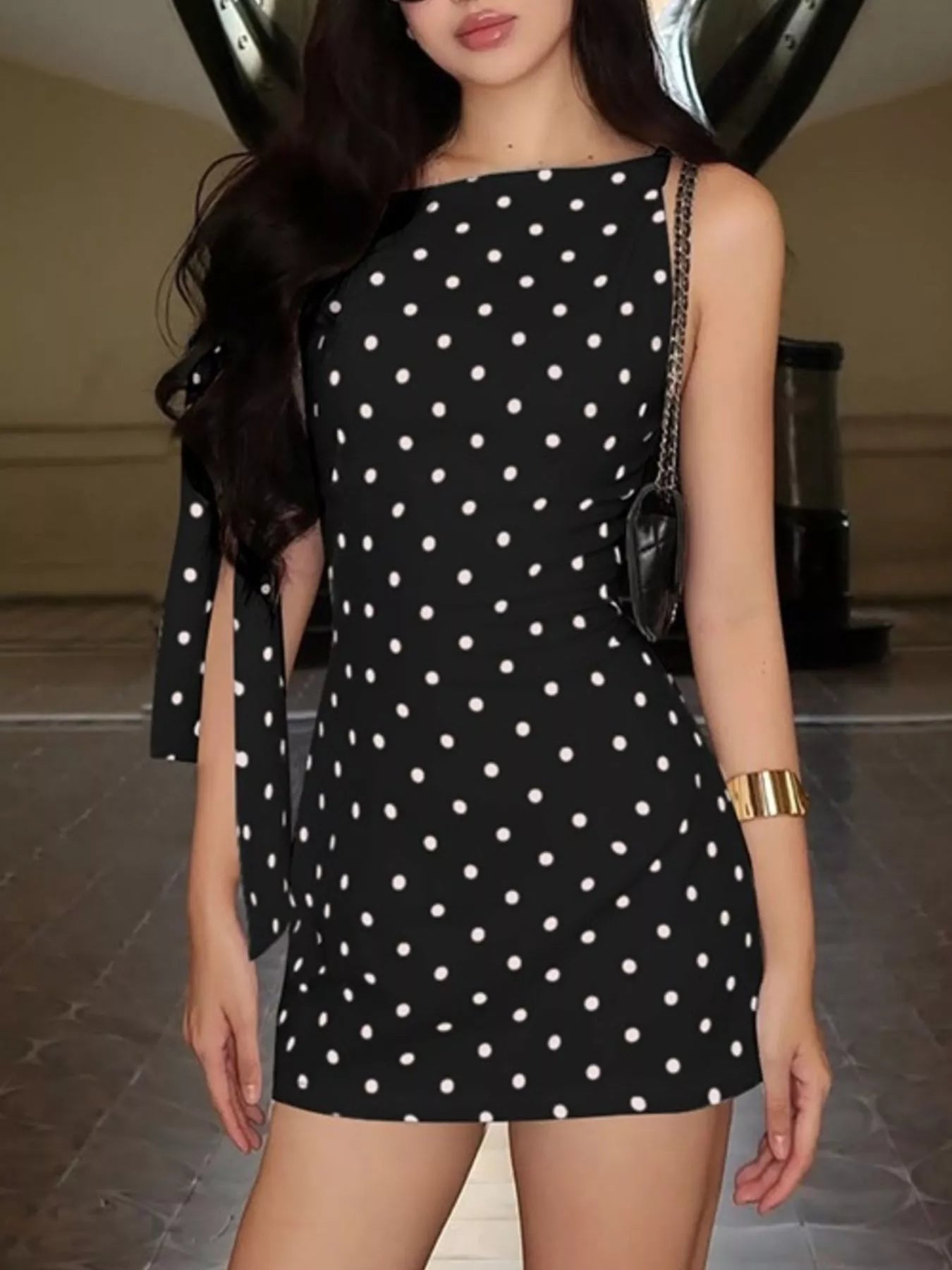 Polka Dot Sleeveless Mini Dress with Bow Accents