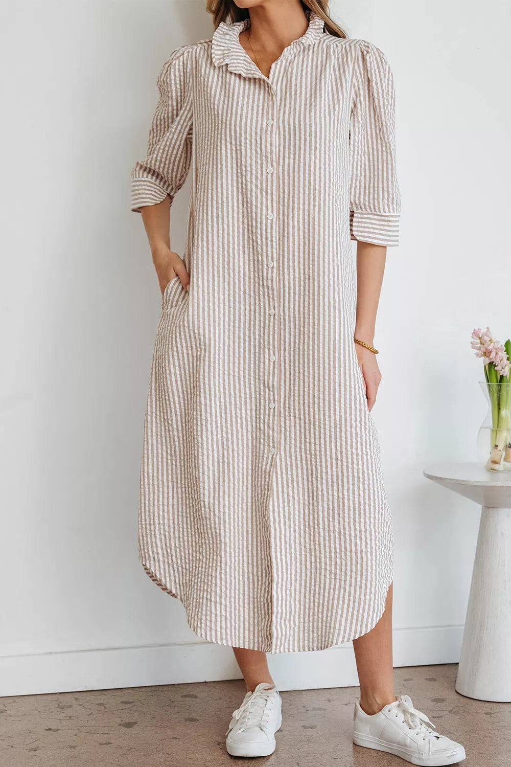 Stripe Frilled Collar Half Sleeve Shirt Dress