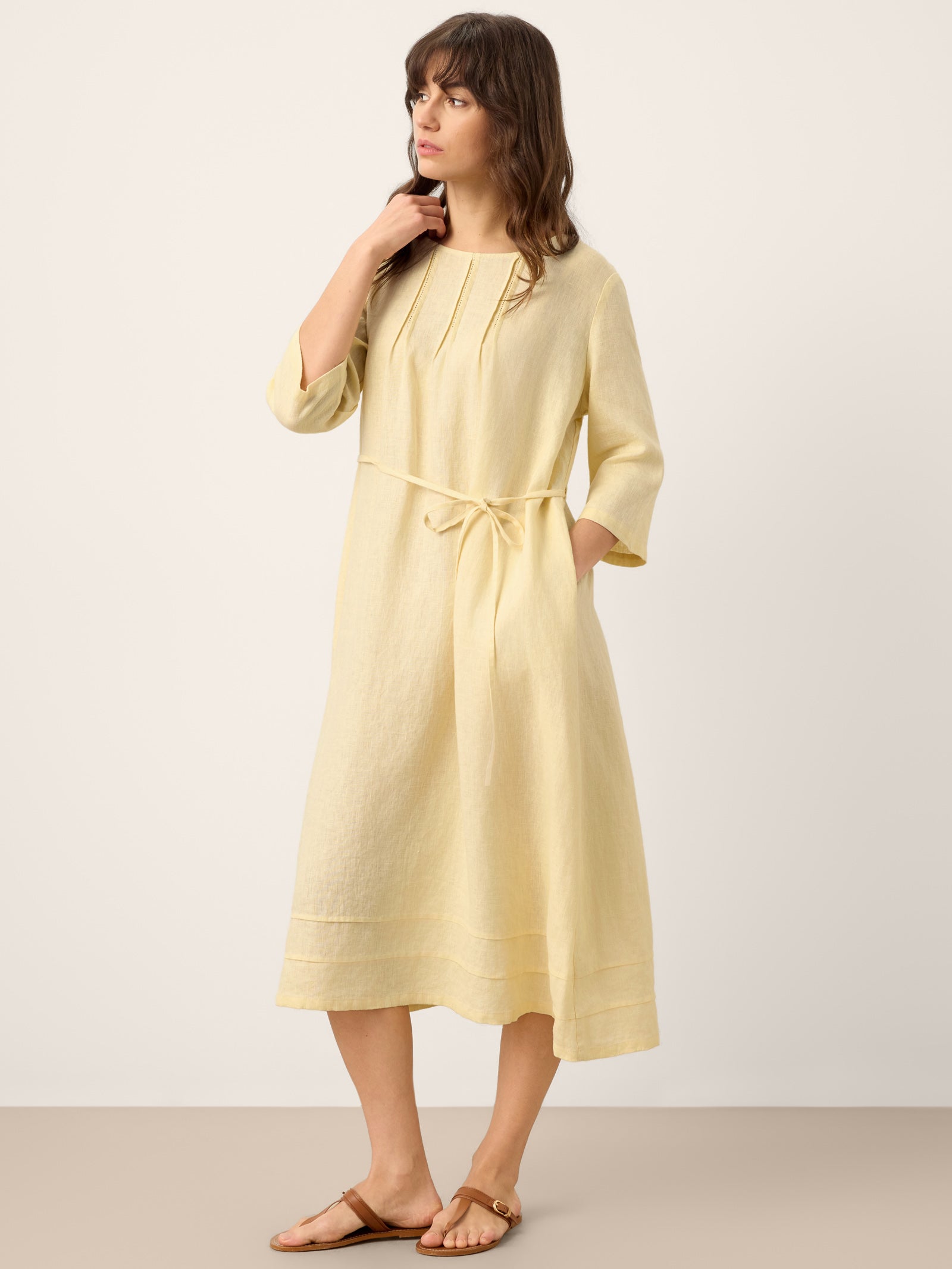 100% Linen Pintucked Embroidered Adjustable Belt Tiered Midi Dress VERENA