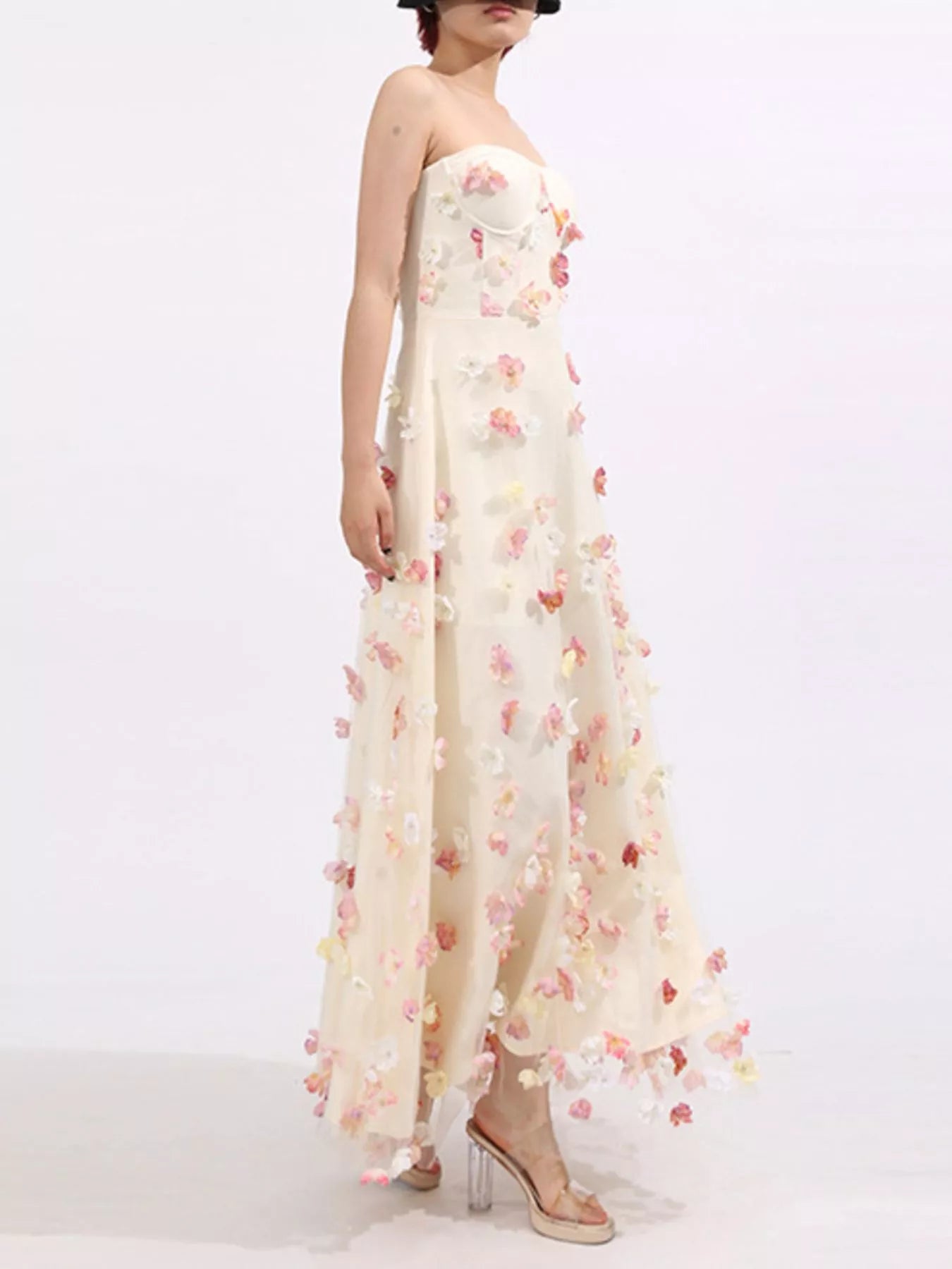 Floral Applique Strapless Tulle Maxi Dress