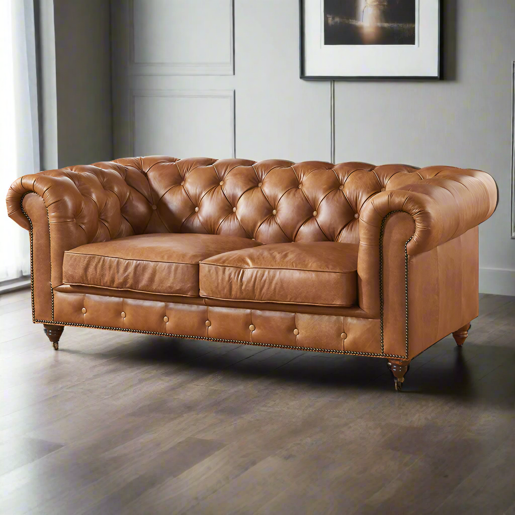 Century Chesterfield Love Seat - Light Brown Leather