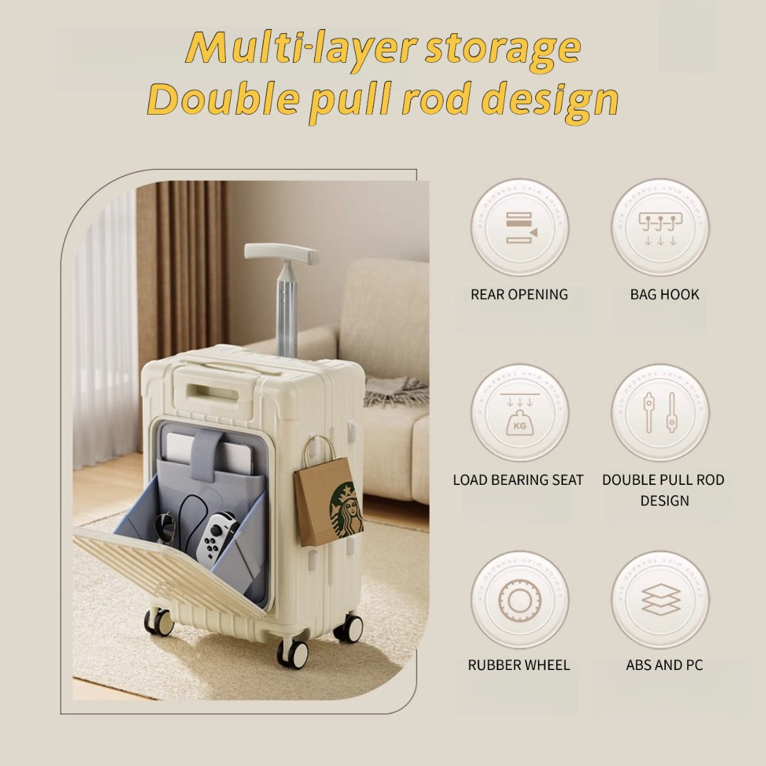 Double Pole Design Portable Luggage, Mother's Luggage, Children's Riding And Sitting Roller Luggage, Front Opening Luggage, Silent Rotating Wheels, Dry Wet Separation, T-shaped Handle Travel Bag
