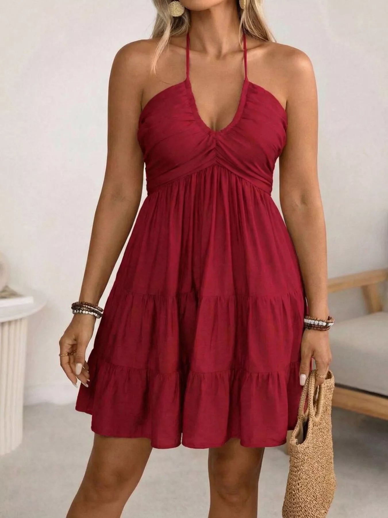 Plus Size Halter Neck Tiered Ruffle Hem Mini Dress