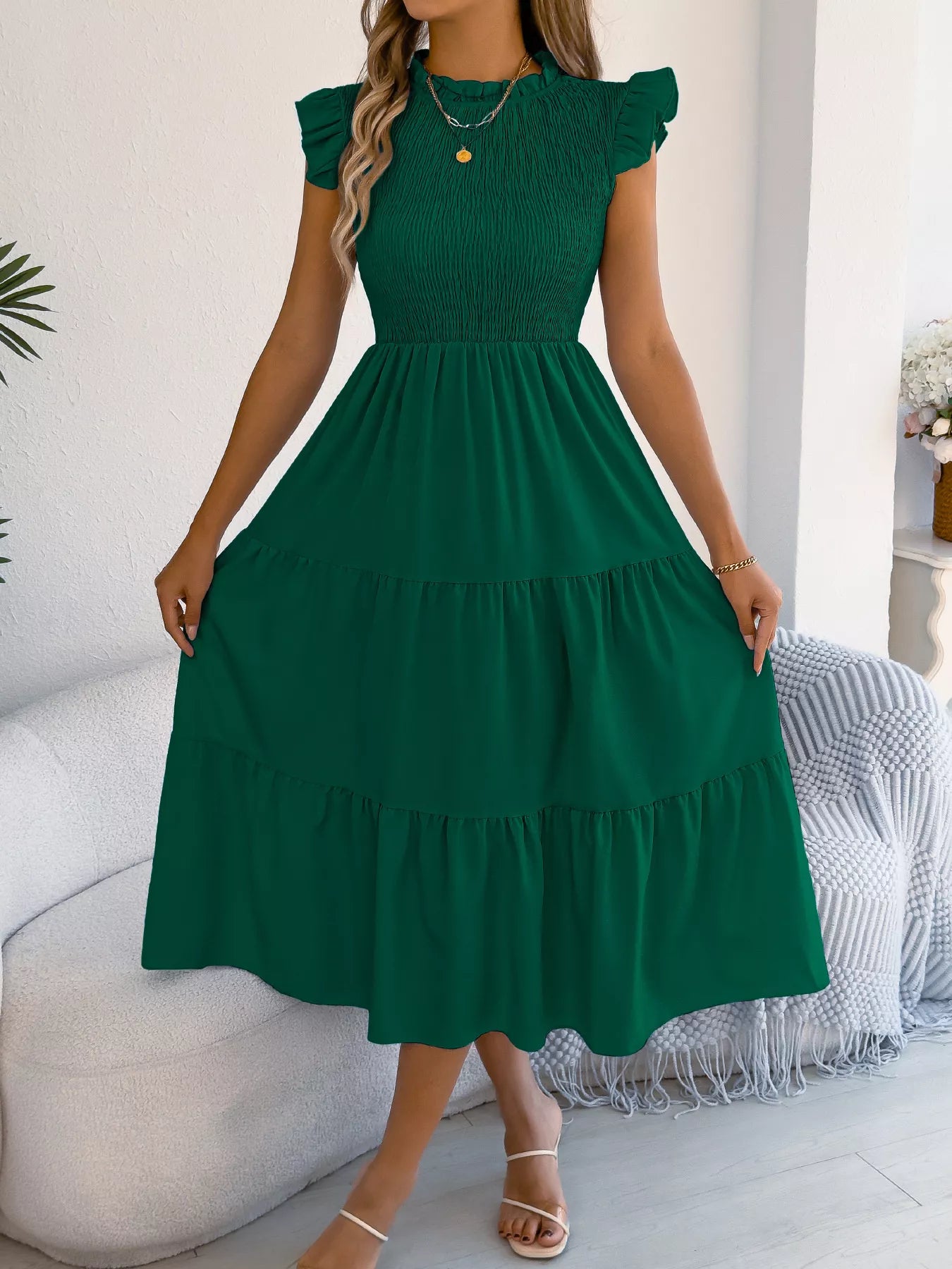 Smocked Ruffled Cap Sleeve Dress
