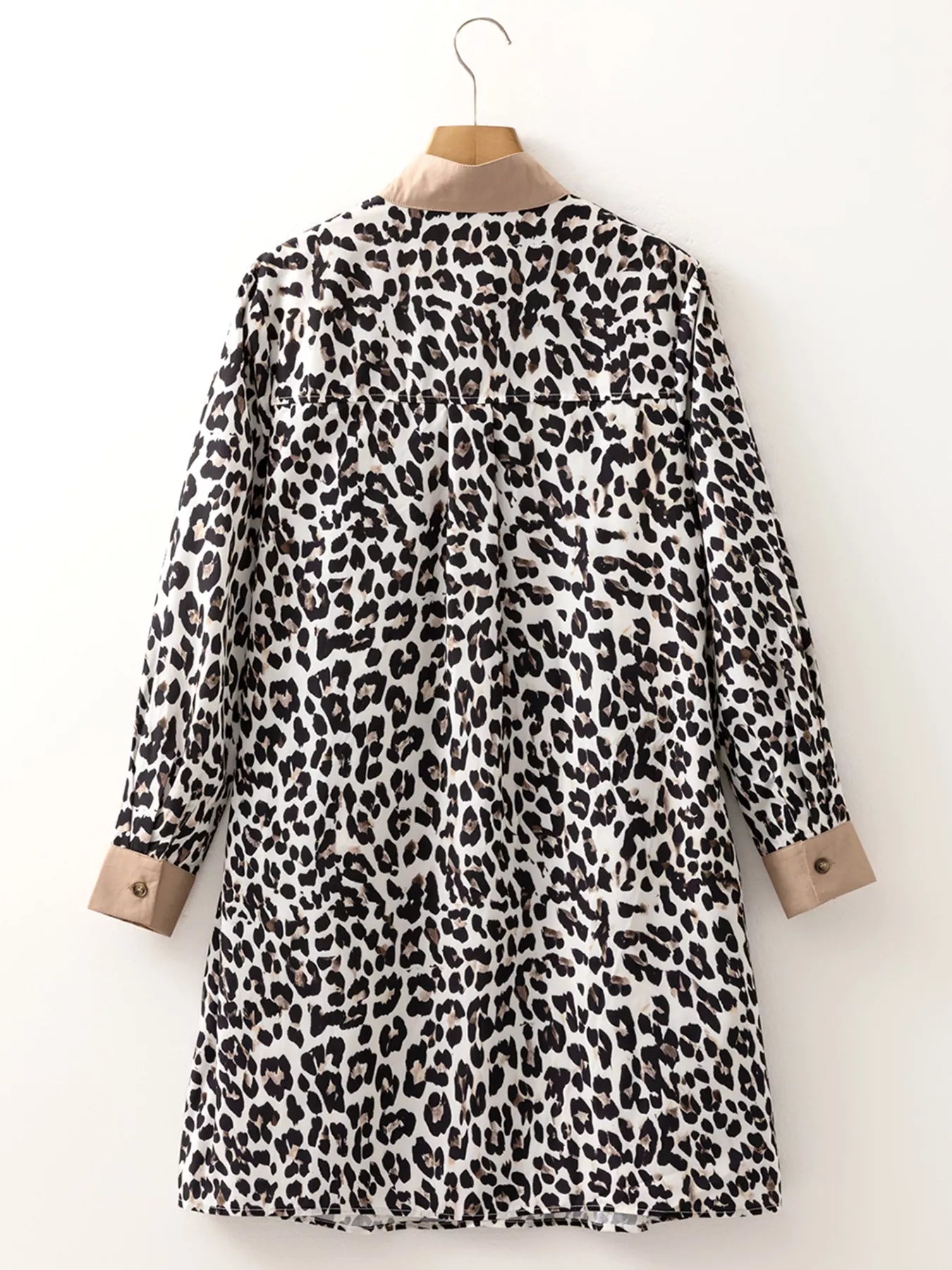 Striped Collar Leopard Print Long Sleeve Flared Dress