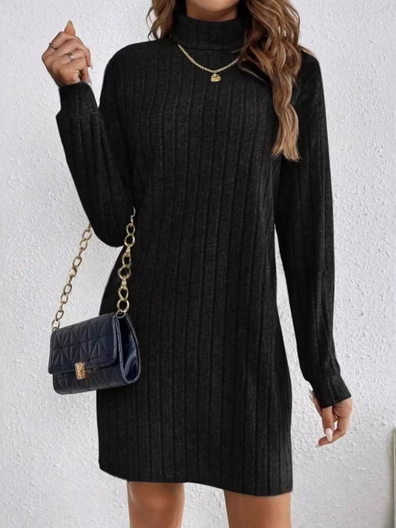 Ribbed Knit Turtleneck Mini Dress