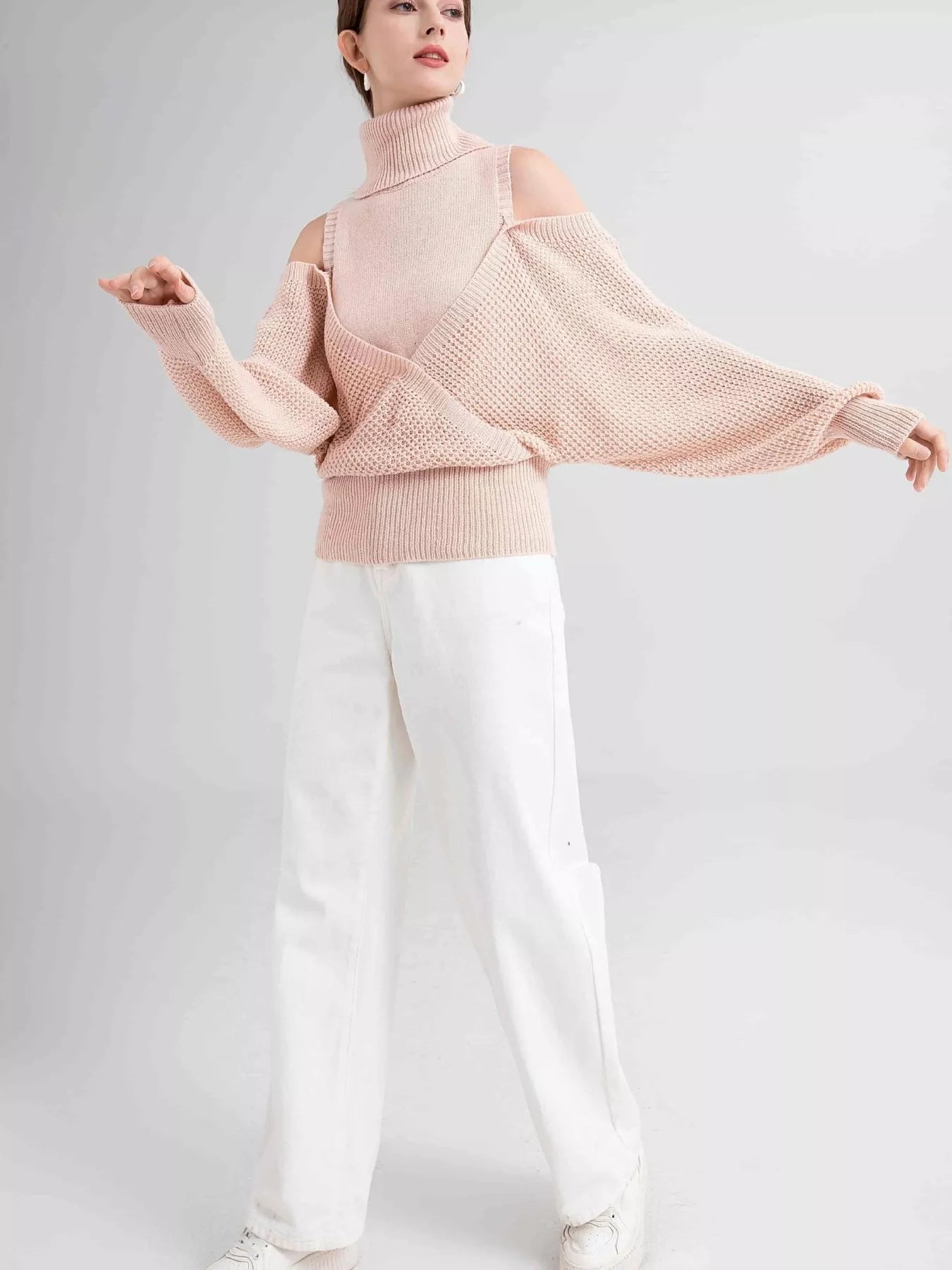 Waffle Knit Cold Shoulder Turtleneck Sweater