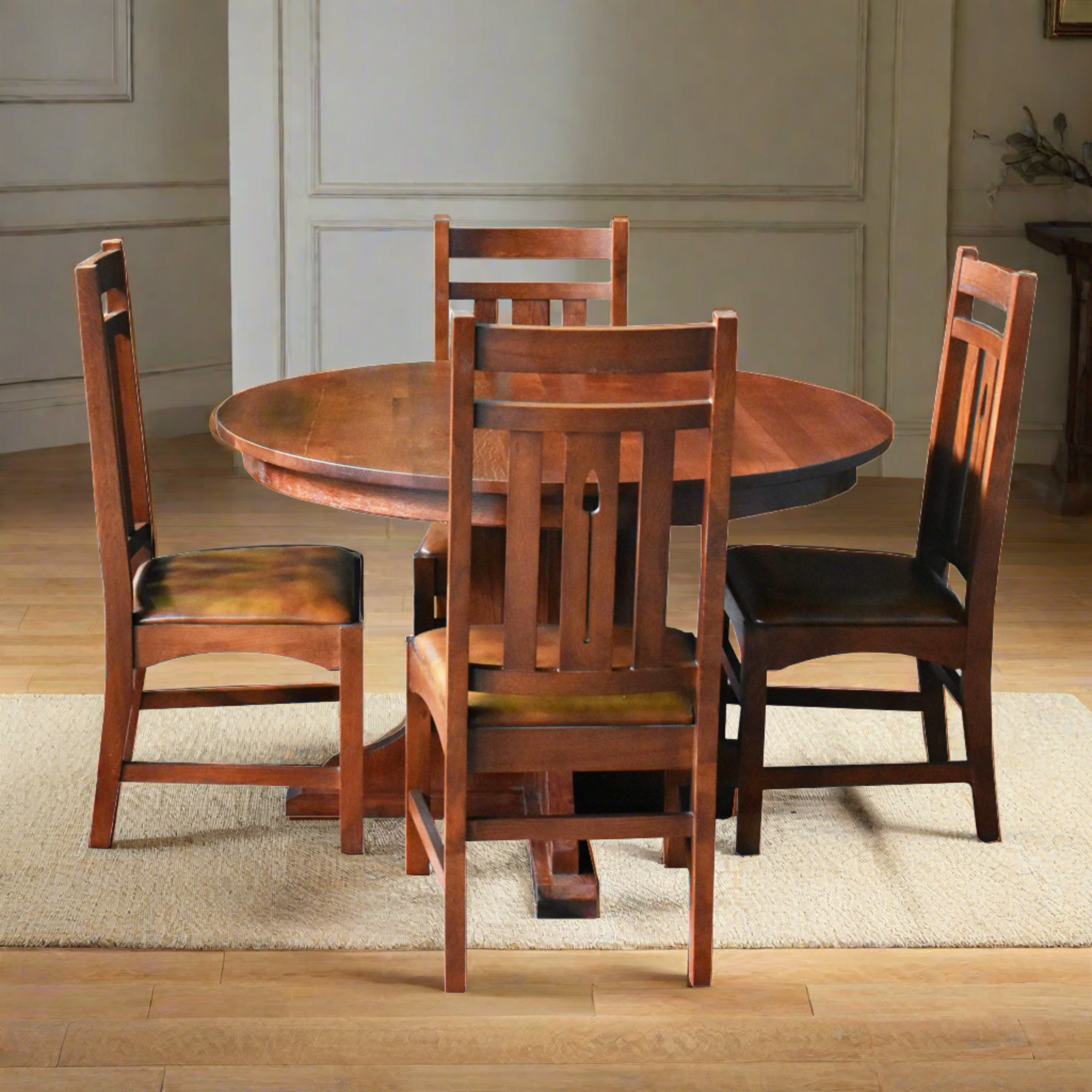 Solid Oak Round Dining Table with 2 Leaves - Michael's Cherry
