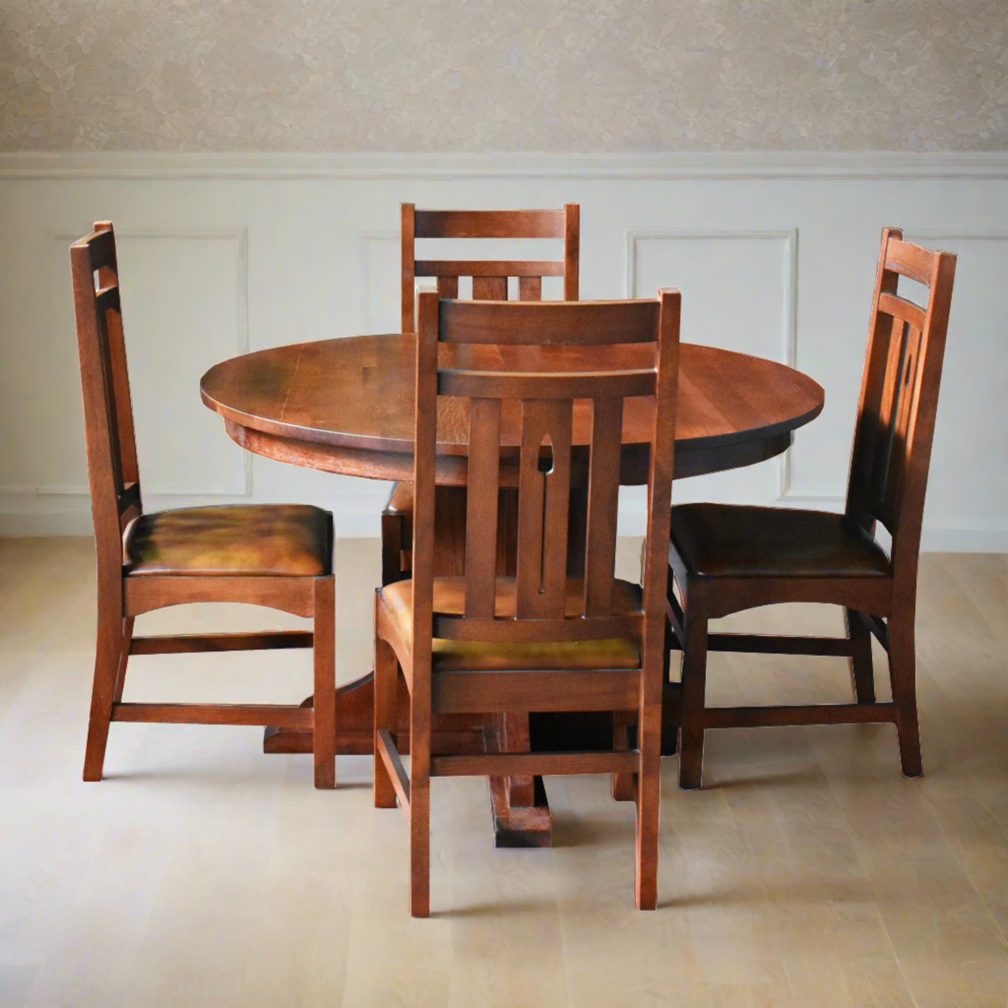 Solid Oak Round Dining Table with 2 Leaves - Michael's Cherry