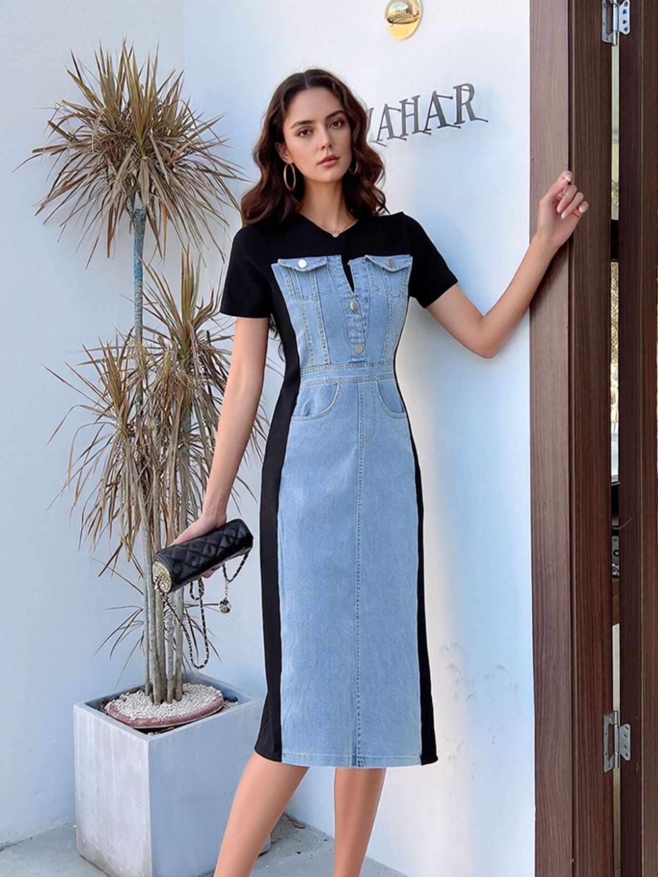 Full Size Denim Patchwork Short Sleeve Slit Back Dress Plus Size