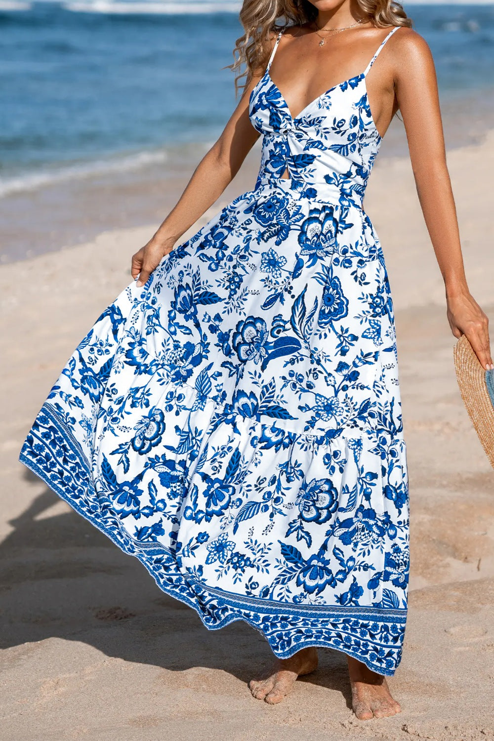 Floral Print Twisted Front Cutout Maxi Dress
