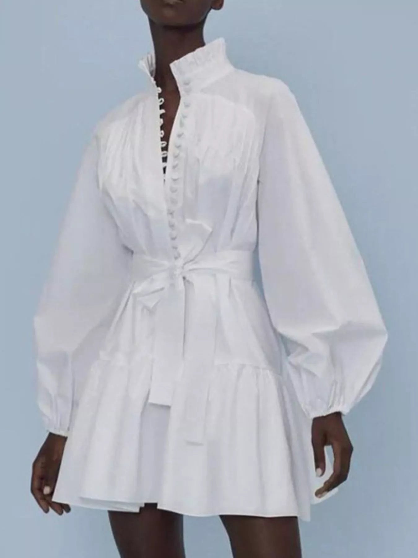 Button-Up Balloon Sleeve Mini Dress