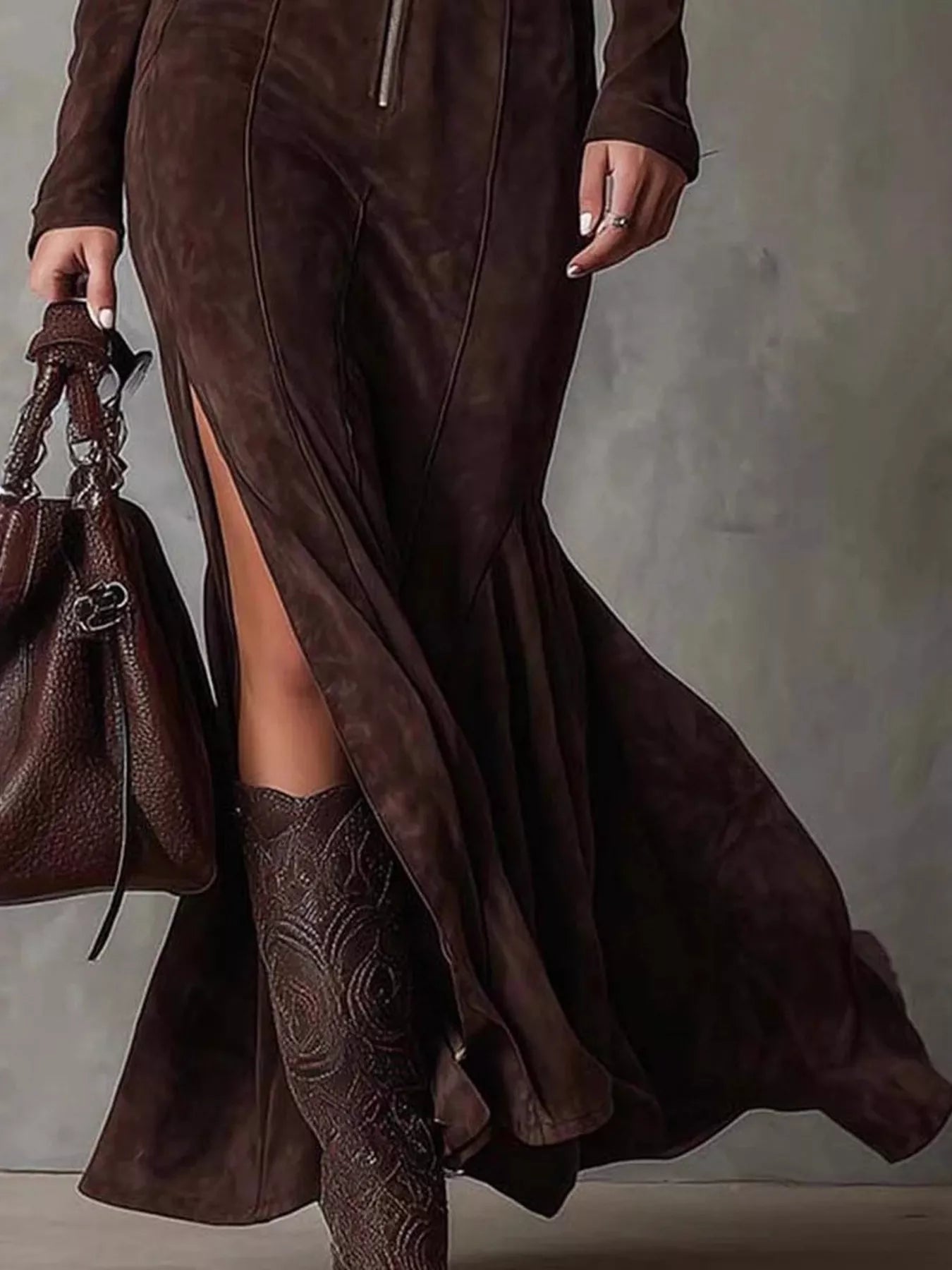 Full Size Zipper Front Long Sleeve Slit Maxi Dress Plus Size