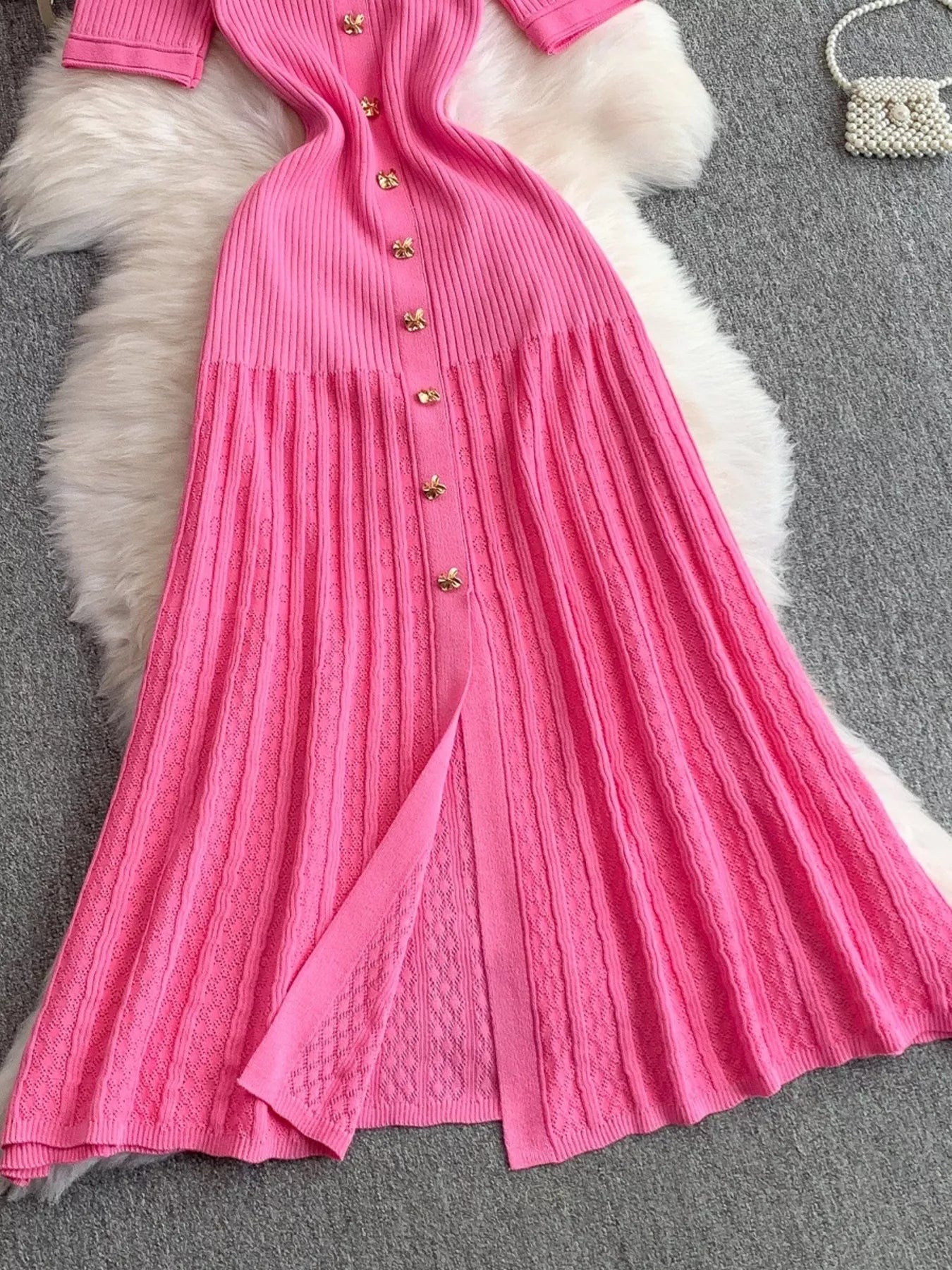 Button Front Ribbed Knit Midi Dress
