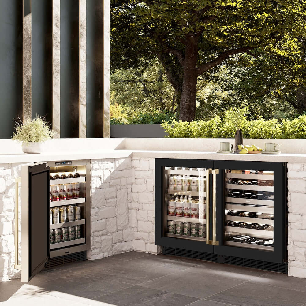 ZLINE 24" Touchstone Dual Zone 44 Bottle Wine Cooler Black Stainless Steel Glass Door Champagne Bronze Handle RWDOZ-BS-24-CB
