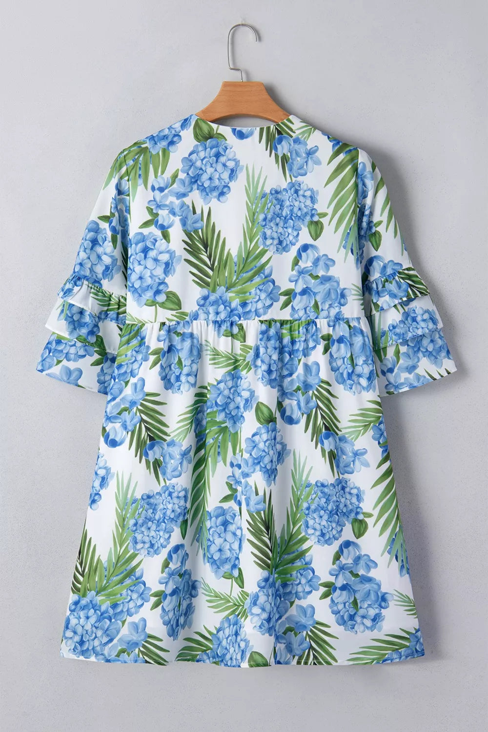 Palm Floral Print Contrast Ribbon Knot Ruffle Tiered Sleeve Mini Dress