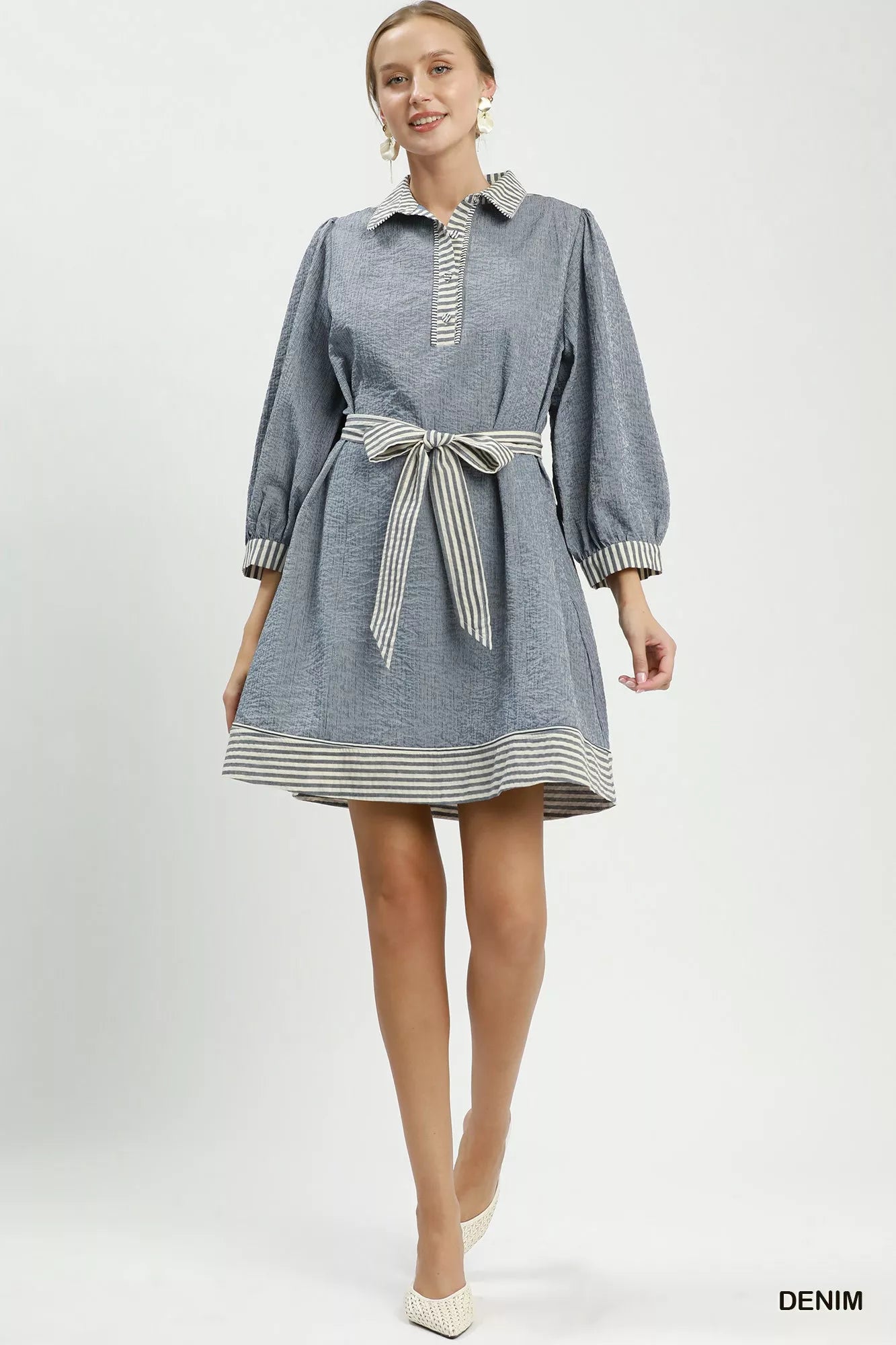 Umgee Striped Contrast Belted Puff Sleeve Mini Dress