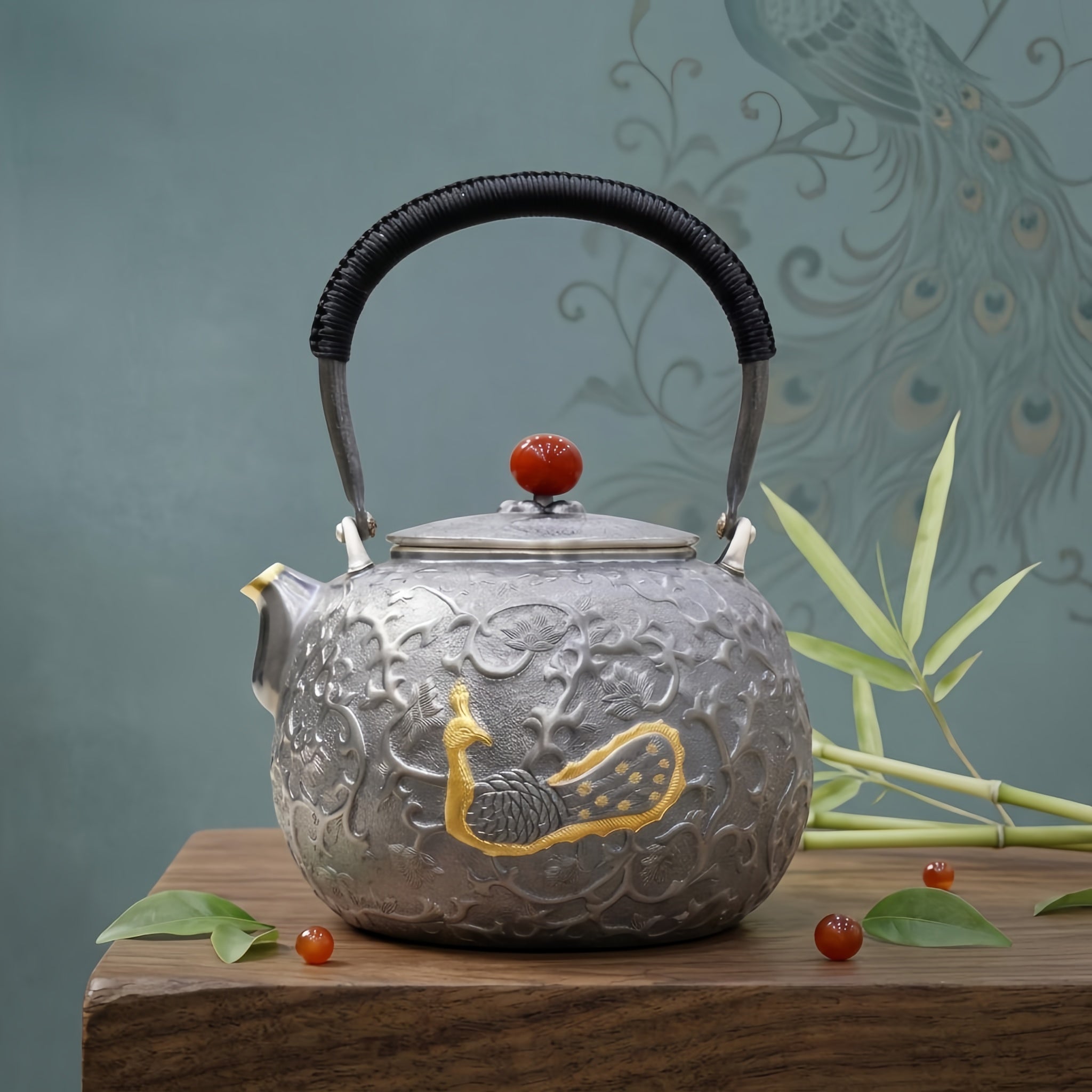 Pure 999 Fine Silver Ornate Handcrafted Silver Teapot Featuring Exquisite Peacock Relief and Crimson Gemstone Finial - Handicraft