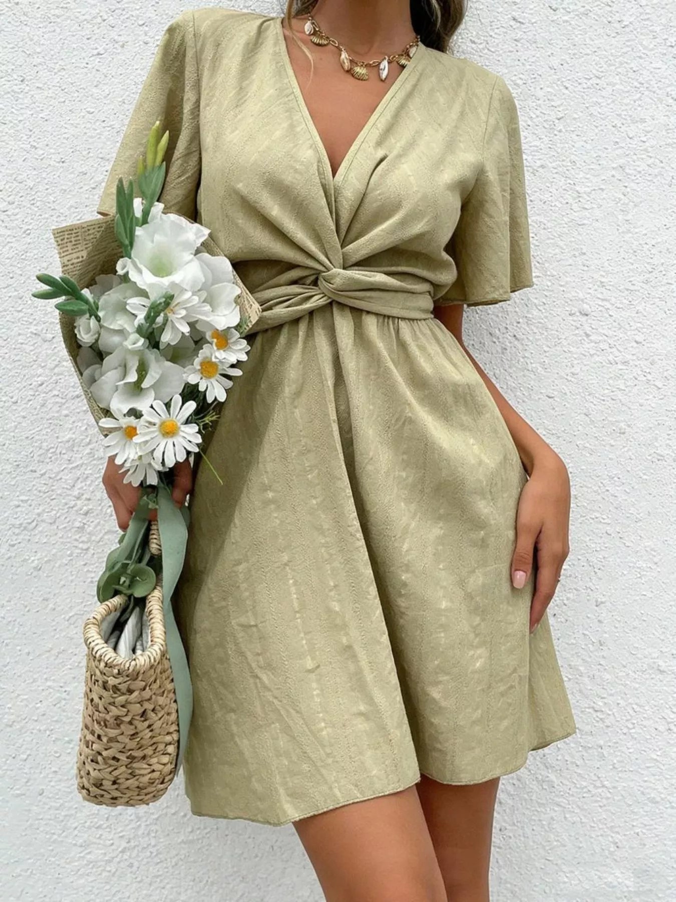 Twist Waist Flutter Sleeve Mini Dress