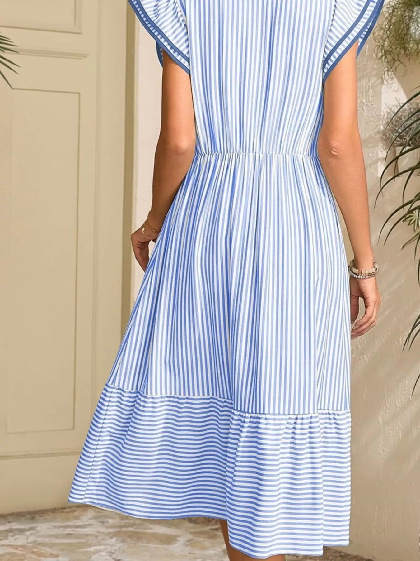 Striped Notched Ruffle Sleeve Dress