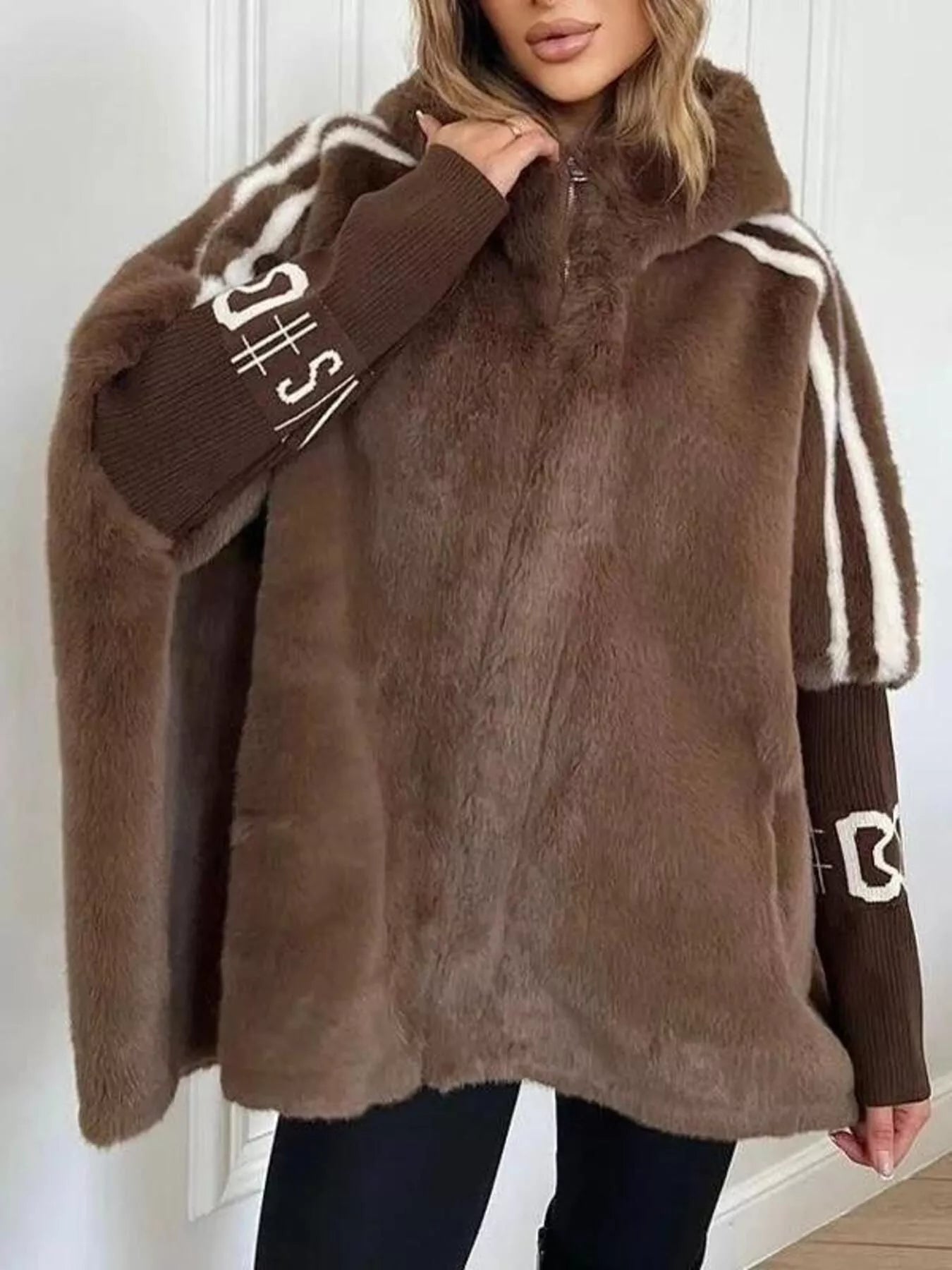 Hooded Faux Fur Striped Trim Outerwear