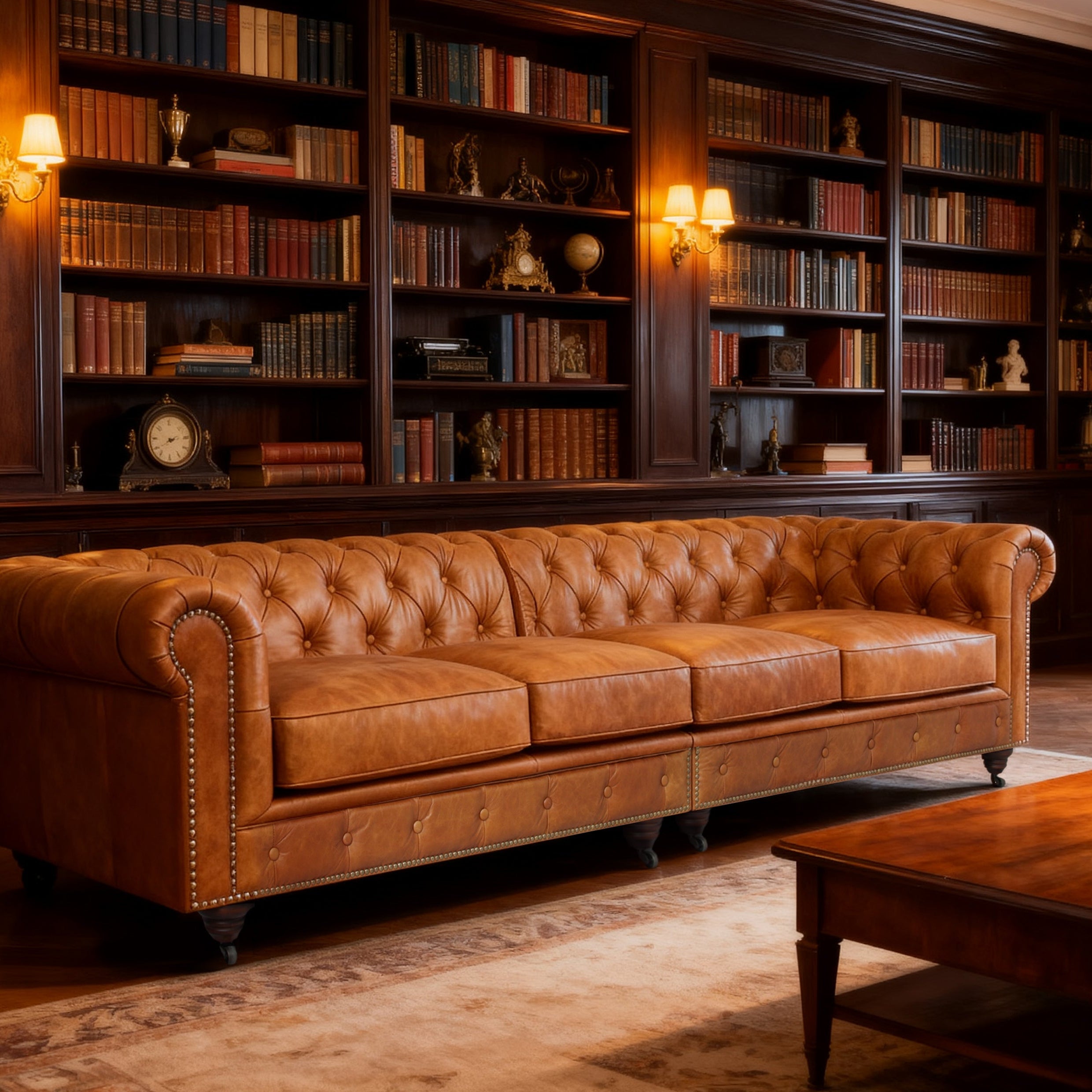 Belgravia Chesterfield Top Grain Leather Sofa with Tufted Back & Rolled Arms