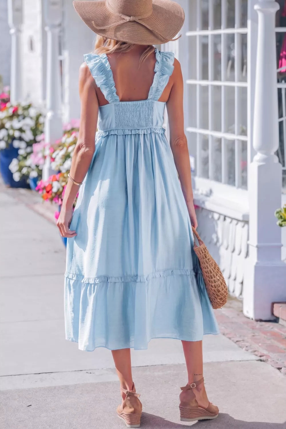 Solid Color Ruffle Trim High Waist Sleeveless Dress
