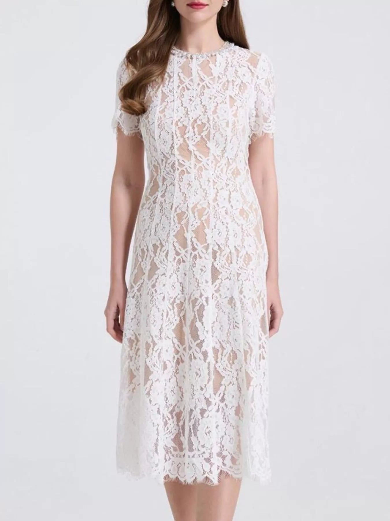 Lace Pearl Neckline Midi Dress