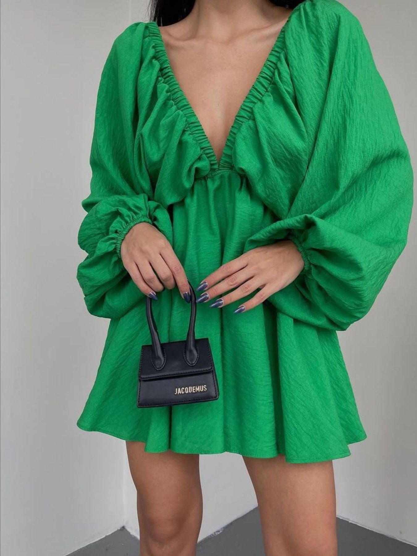 Deep V-Neck Balloon Sleeve Dress