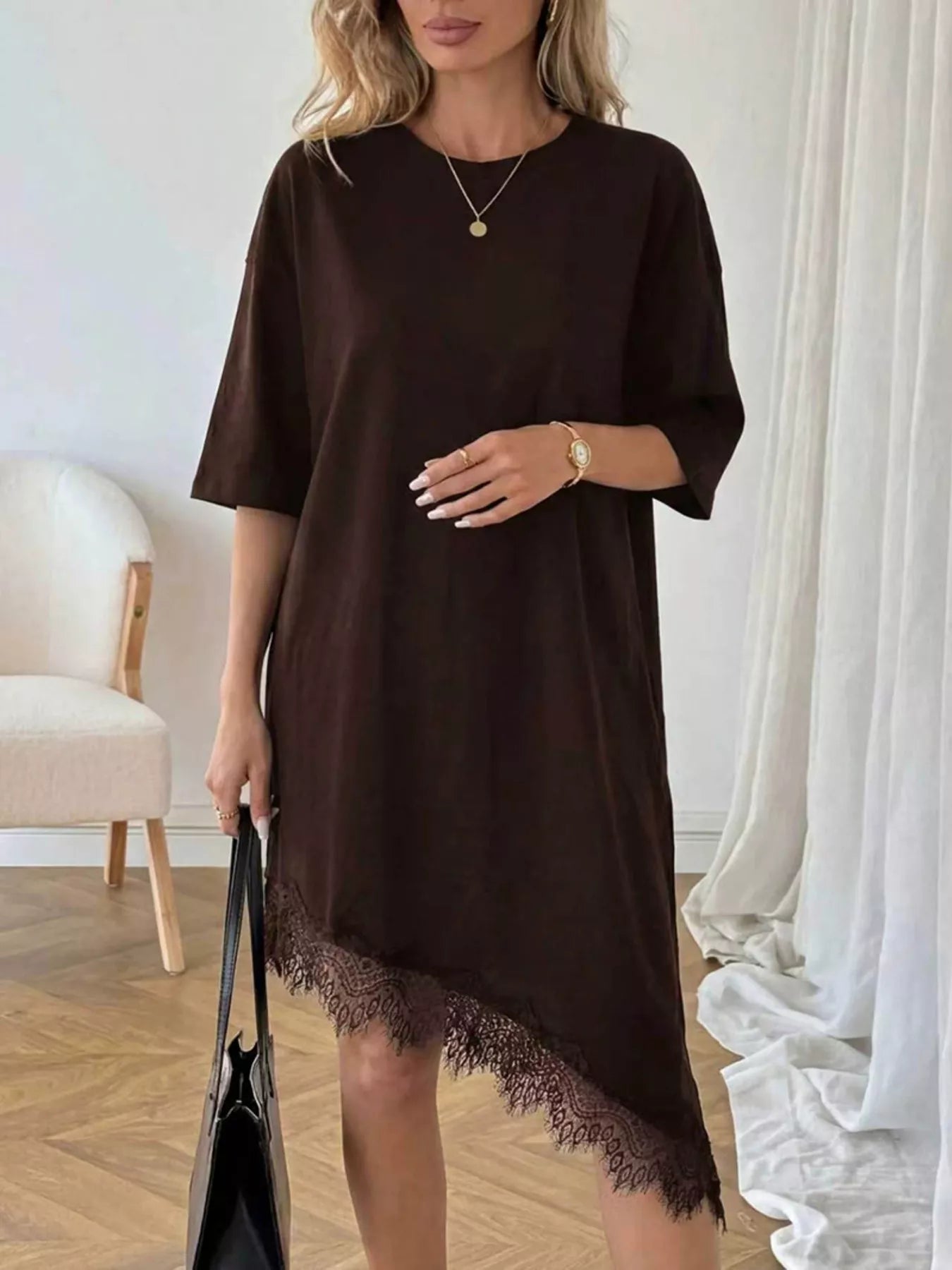 Lace Trim Asymmetrical Hem T-shirt Dress
