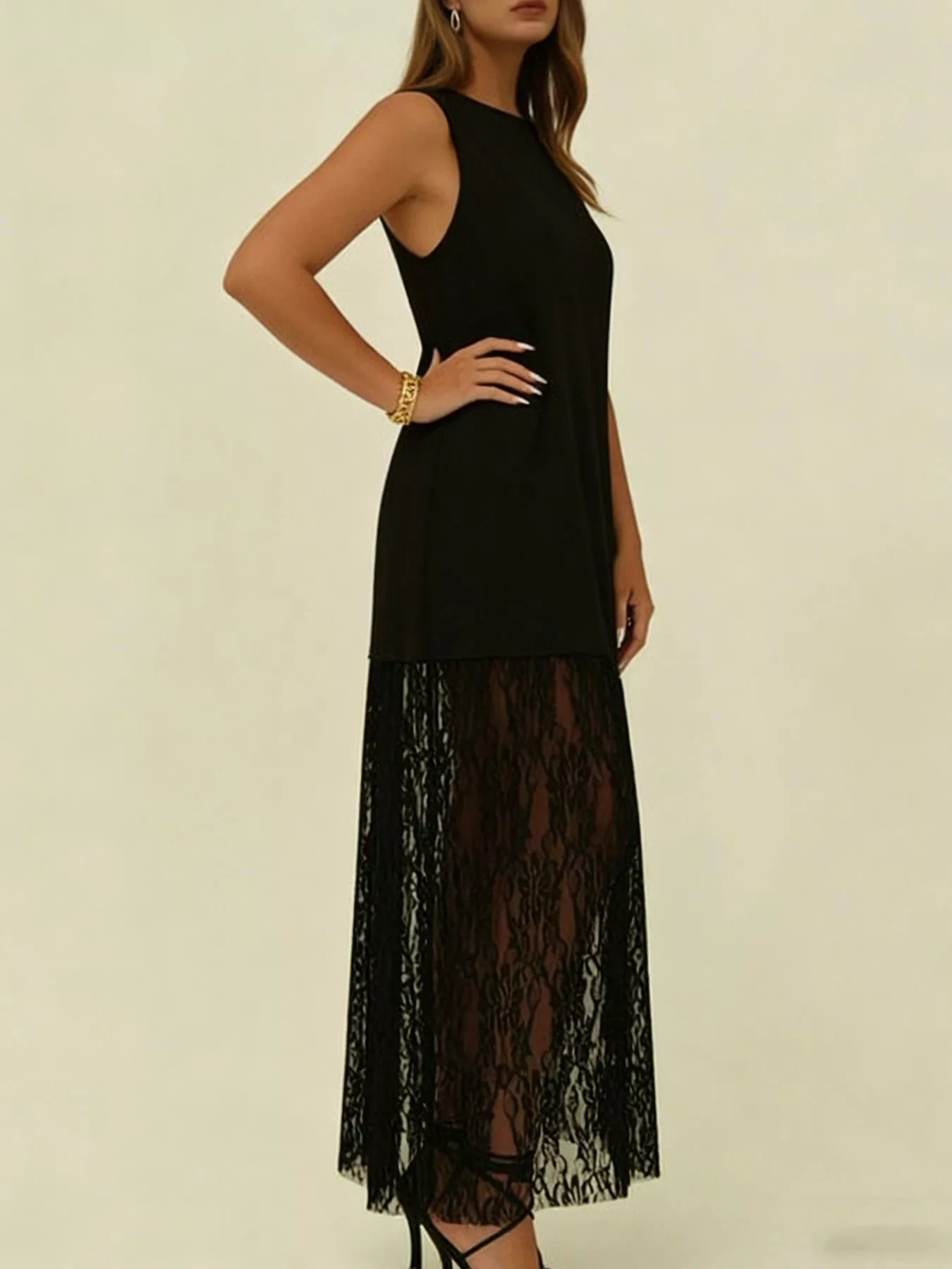 Plus Size Sleeveless Lace Trim Maxi Dress
