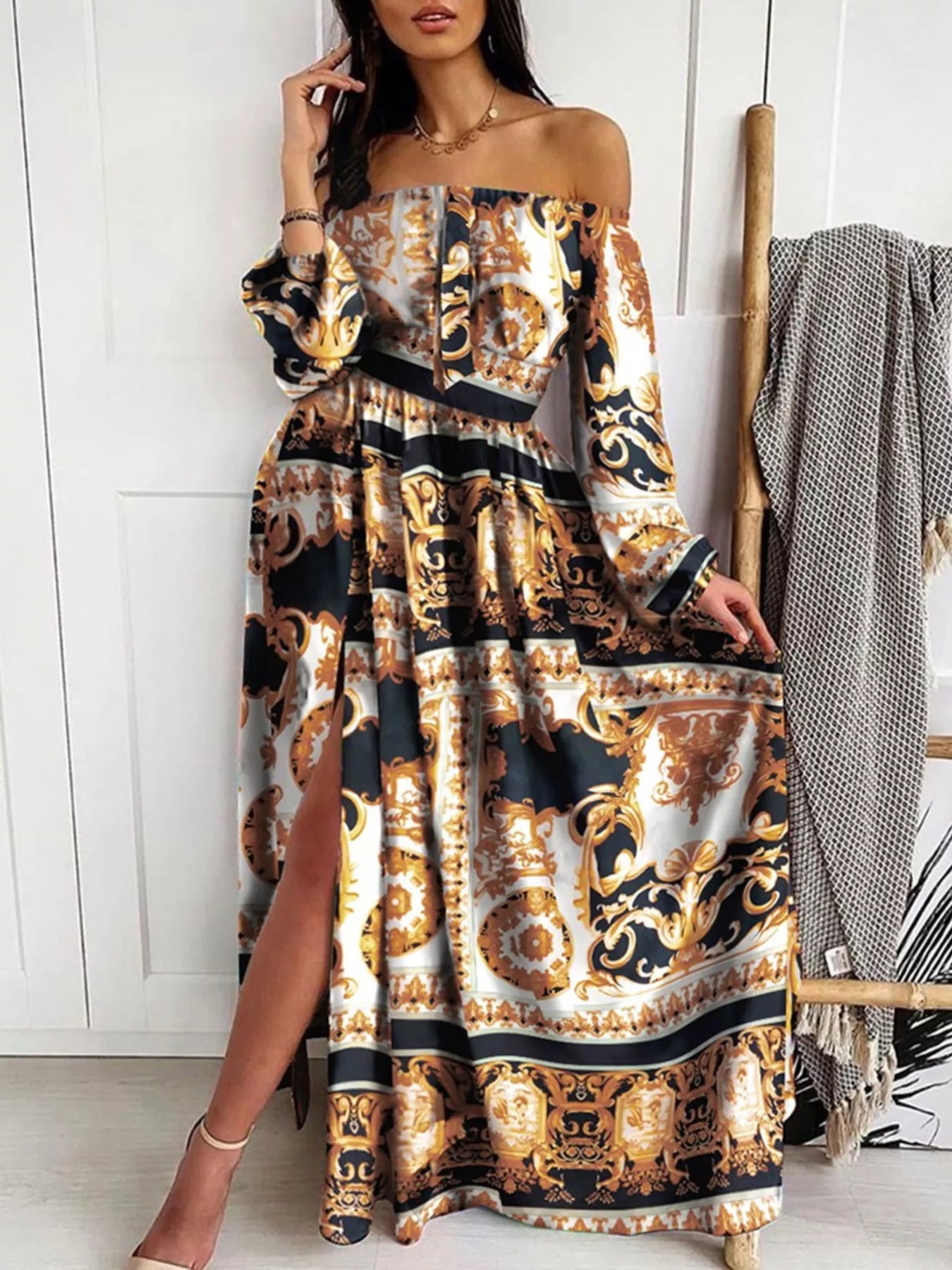 Slit Printed Off Shoulder Maxi Dress