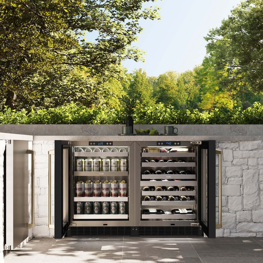 ZLINE 24" Touchstone Dual Zone 44 Bottle Wine Cooler Black Stainless Steel Glass Door Champagne Bronze Handle RWDOZ-BS-24-CB