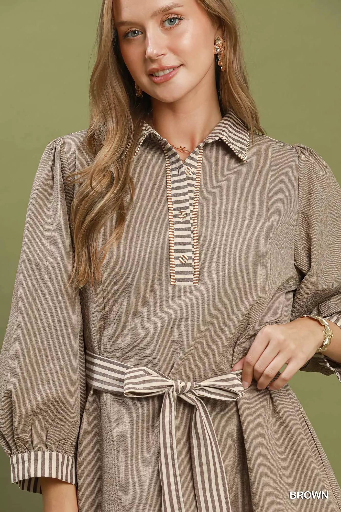 Umgee Striped Contrast Belted Puff Sleeve Mini Dress